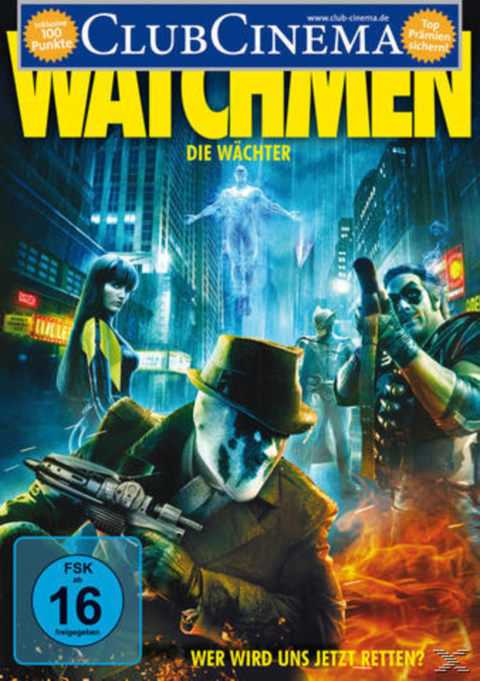 DVD-Hülle für den Film 'Watchmen'. Charaktere sind abgebildet. Der Hintergrund ist eine Stadtszene.