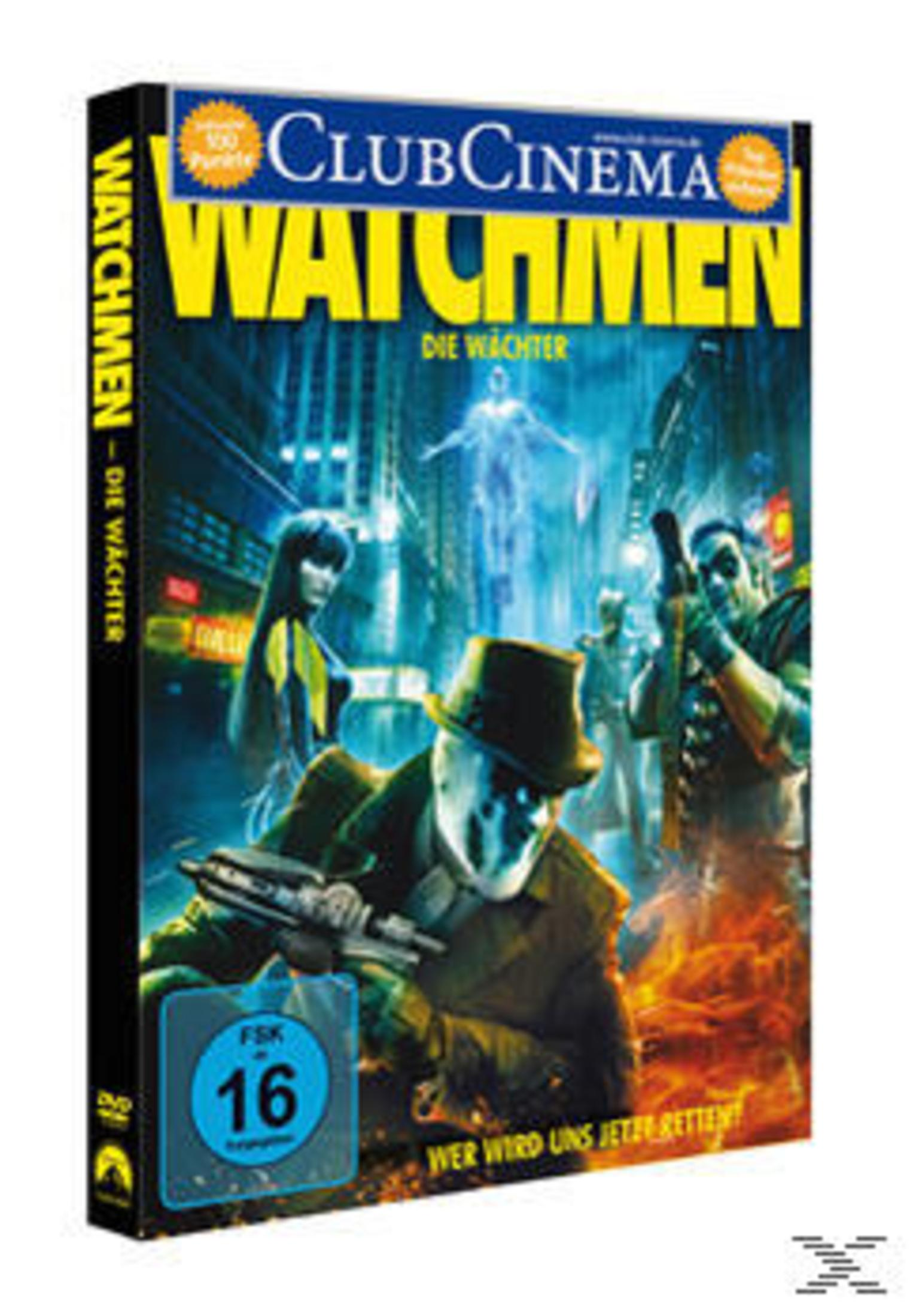 DVD-Cover von Watchmen. Rorschach steht, andere Figuren im Hintergrund. Eine düstere und düstere Szene.