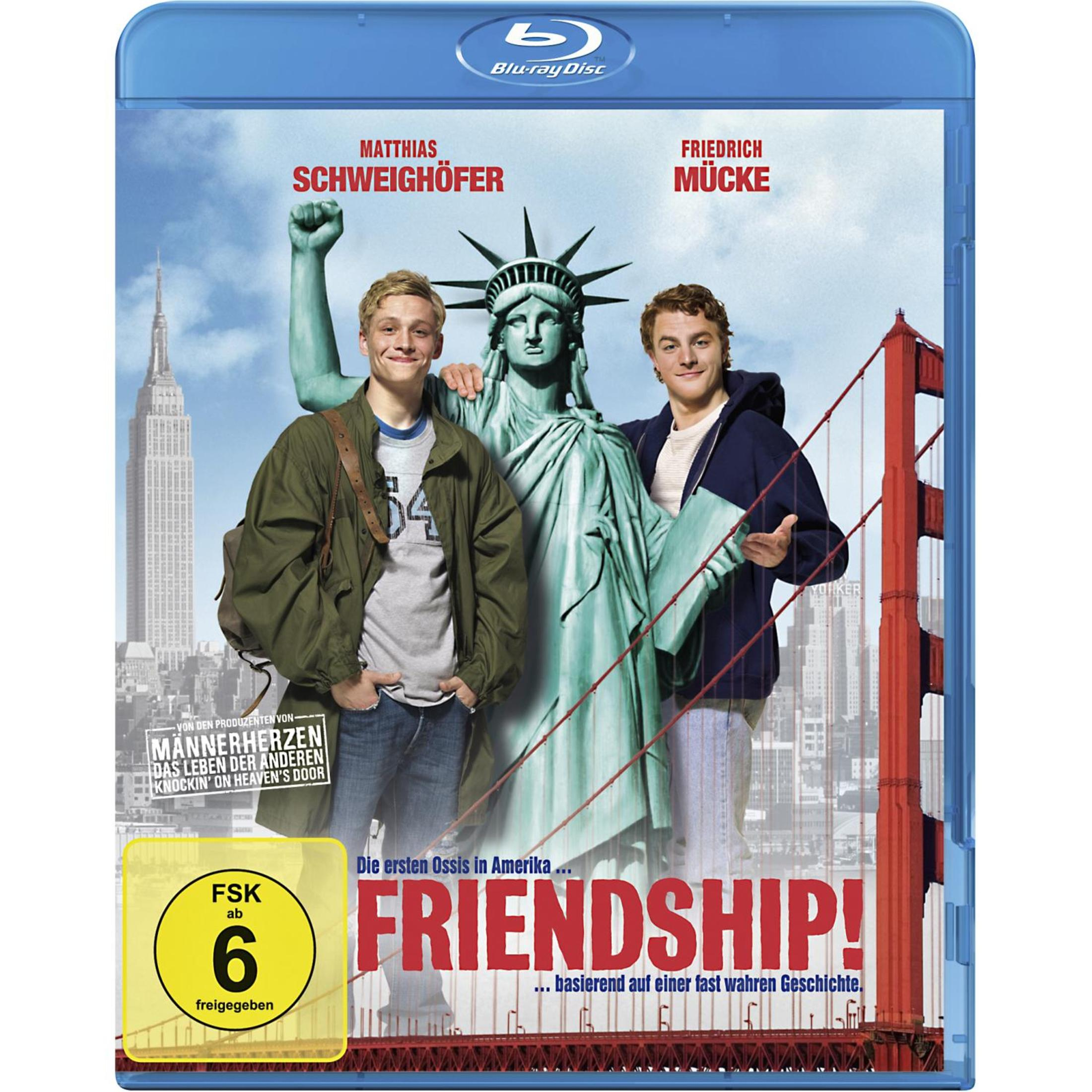 Filmcover mit zwei Männern und einer Statue. Titel: Friendship!