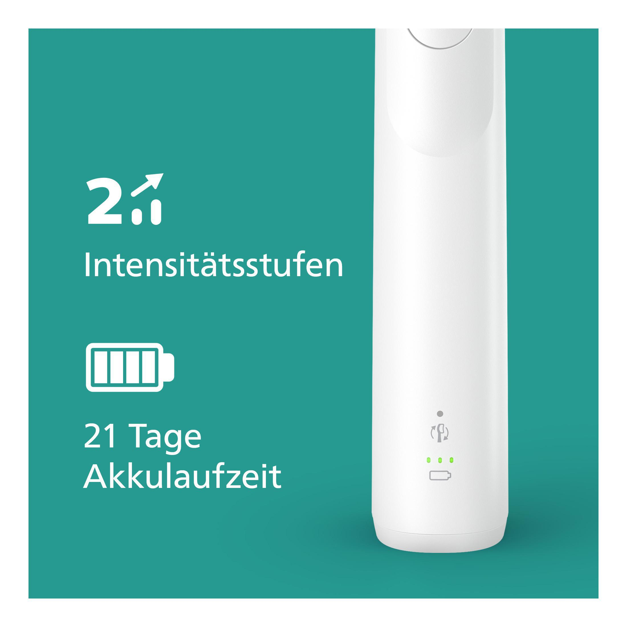 Białe urządzenie przenośne z tekstem wskazującym ustawienia baterii i intensywności.