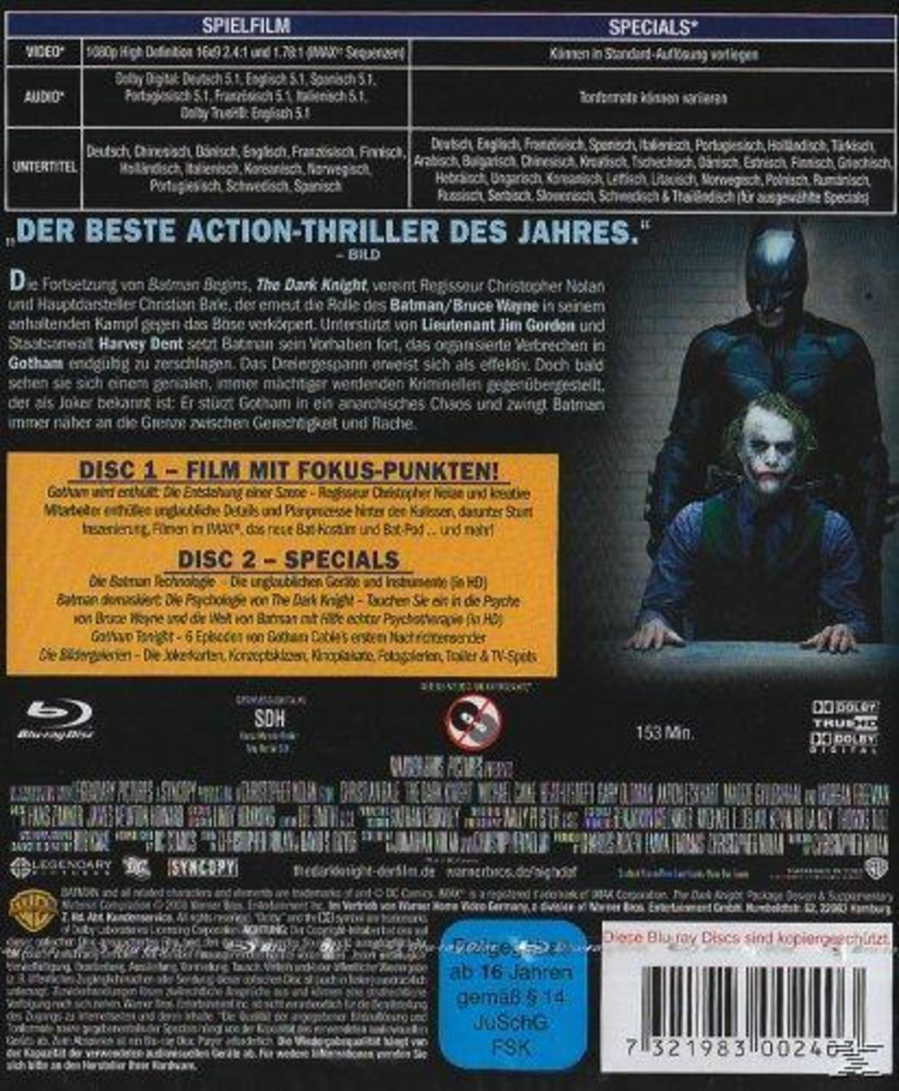 Rückseite von The Dark Knight Blu-ray. Zeigt Batman, den Joker und Text mit Details zum Film.