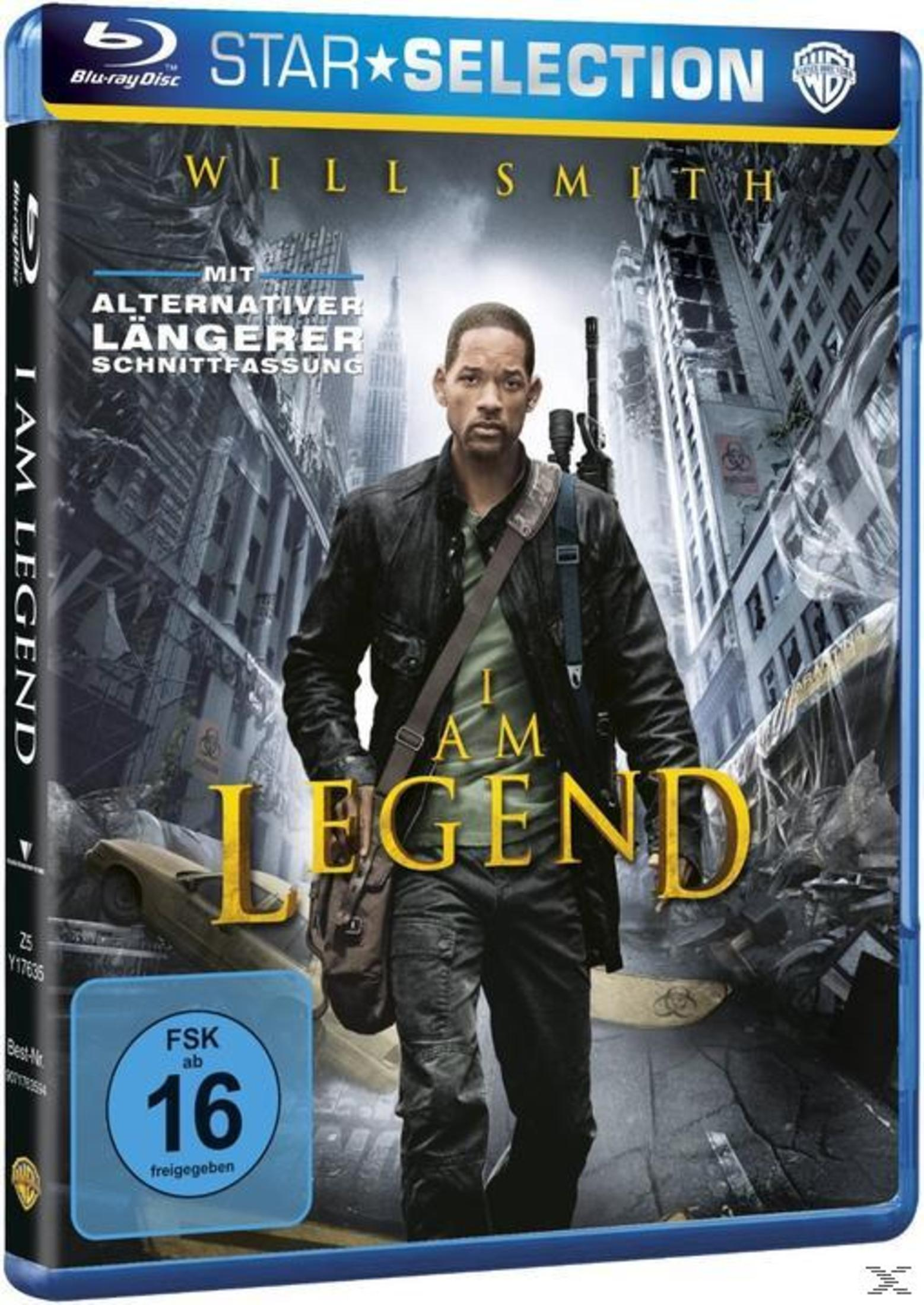 Blu-ray-Cover für "I Am Legend" mit Will Smith vor einem Stadtbildhintergrund.