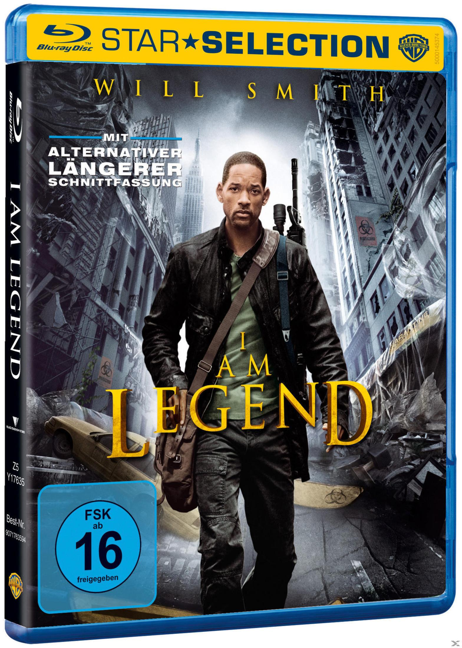 I Am Legend Blu-ray Disc. Will Smith steht in einer postapokalyptischen Stadt. Cover mit Filmtitel und Bewertung.