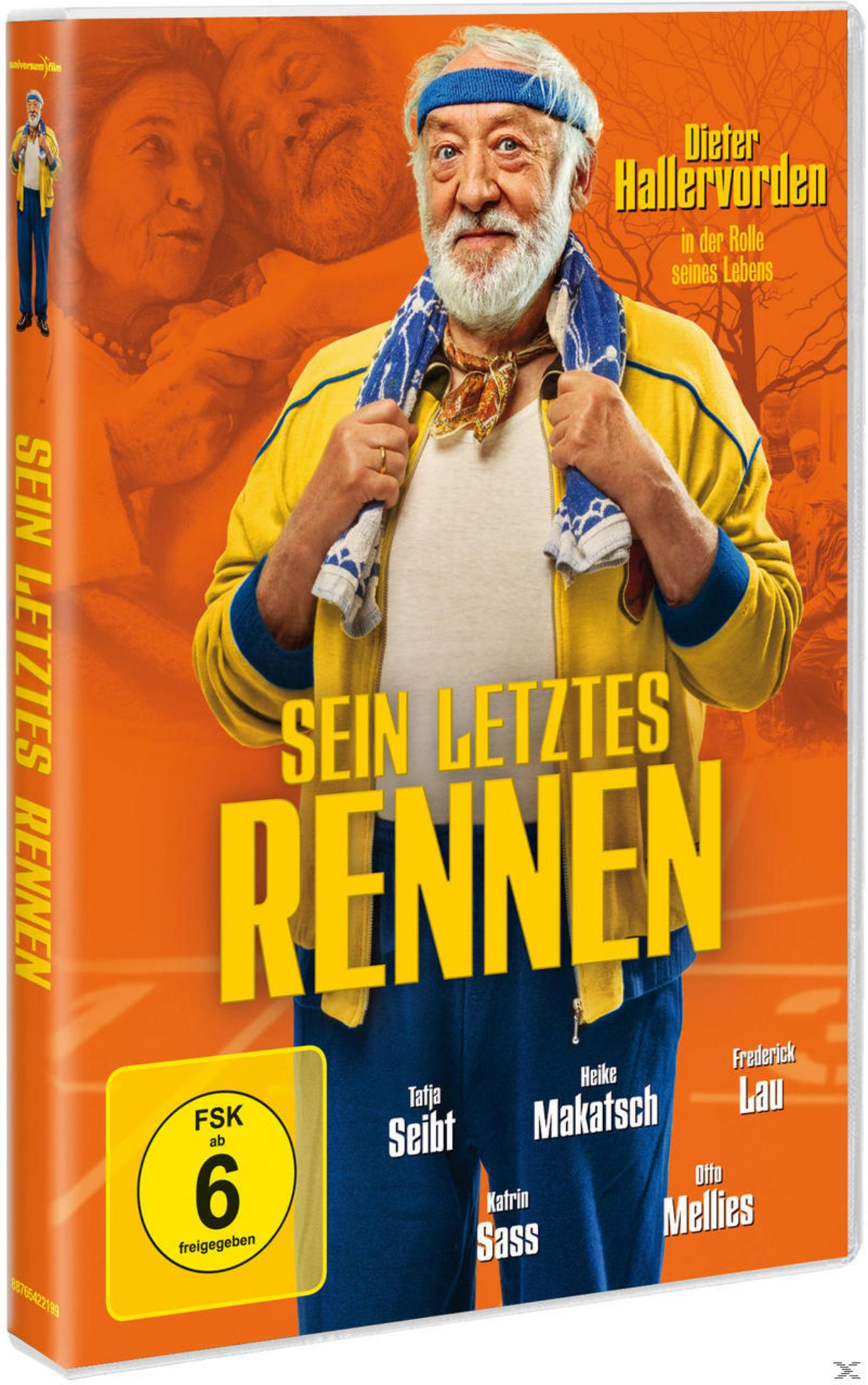 DVD-Cover für "Sein Letztes Rennen" mit einem älteren Mann in gelber Jacke. FSK 6-Bewertung ist sichtbar.