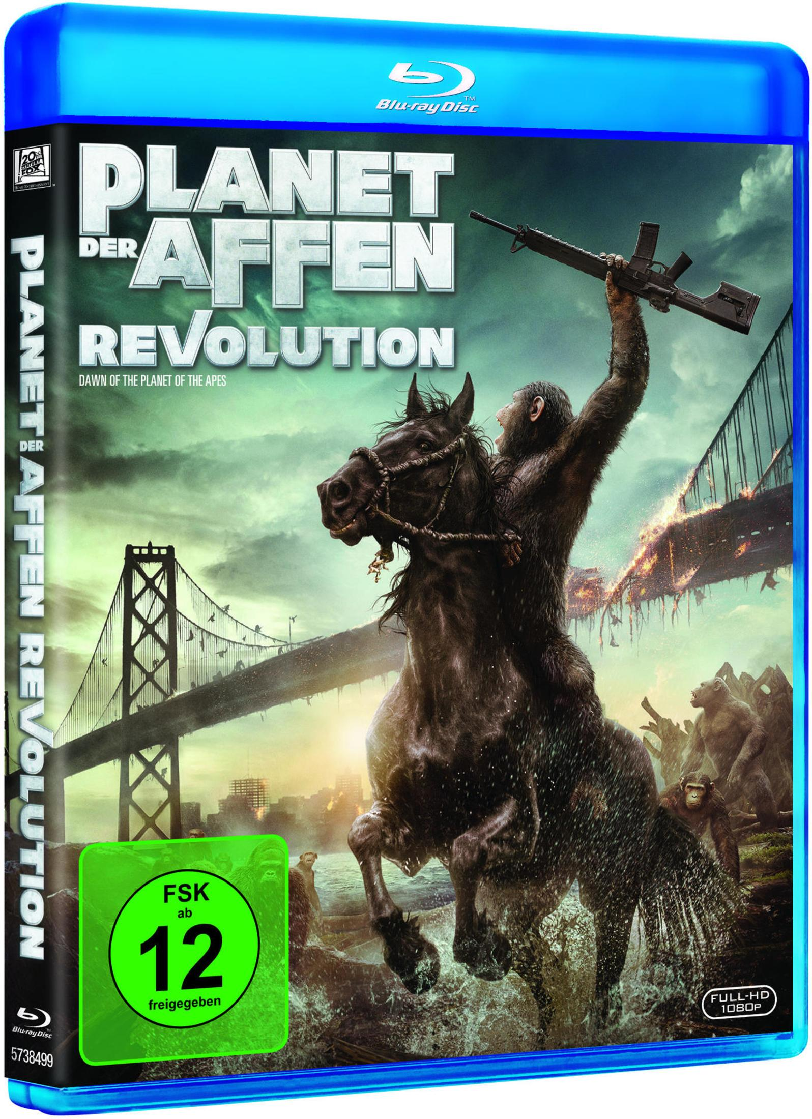 Blu-ray-Hülle eines Films, mit Affen auf Pferden, einer Brücke und einem Affen mit einer Waffe.