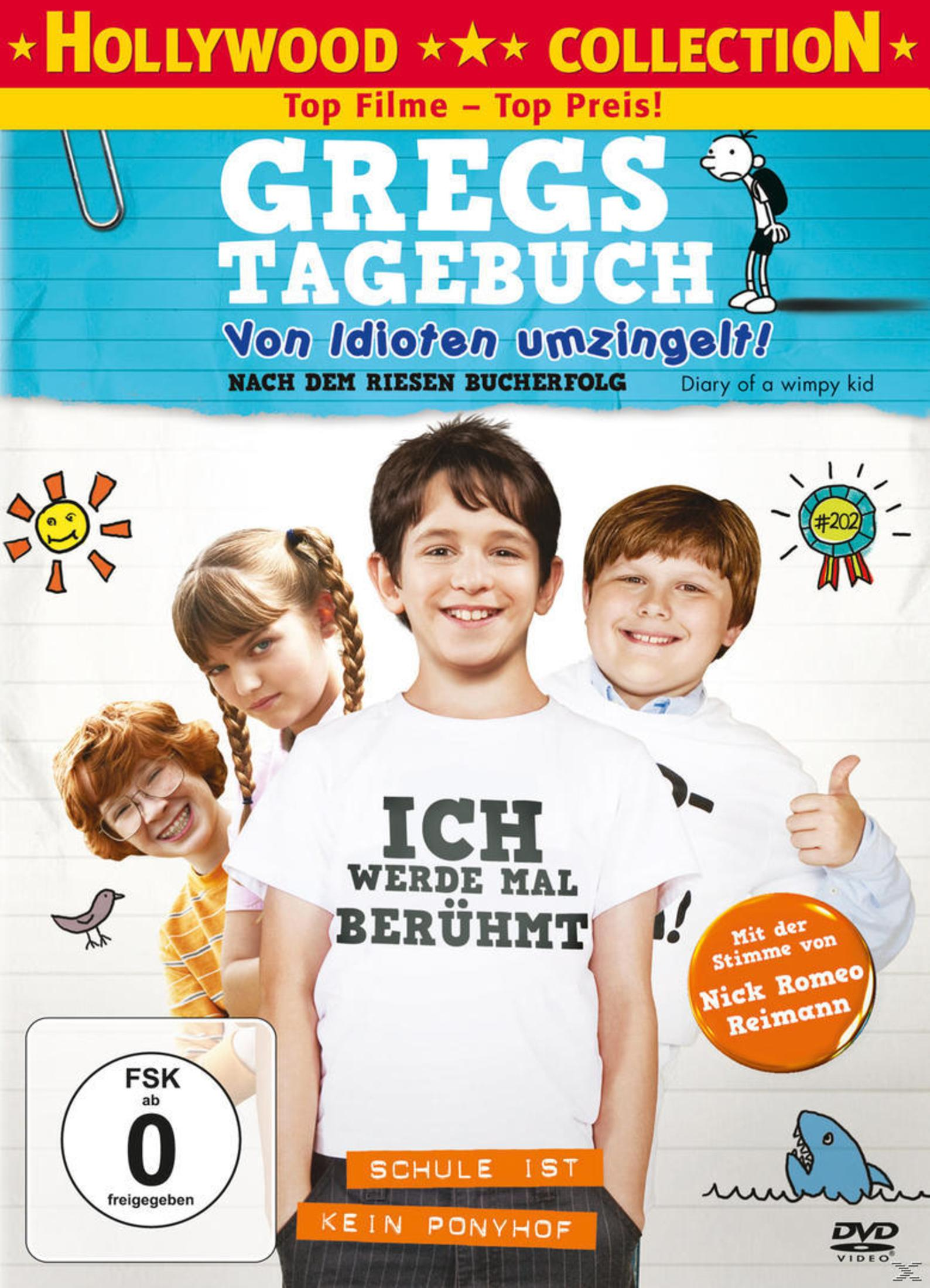DVD-Cover. Gruppe von Kindern. Text auf Deutsch. Der Titel ist Diary of a Wimpy Kid. Blaue, gelbe und weiße Farben.