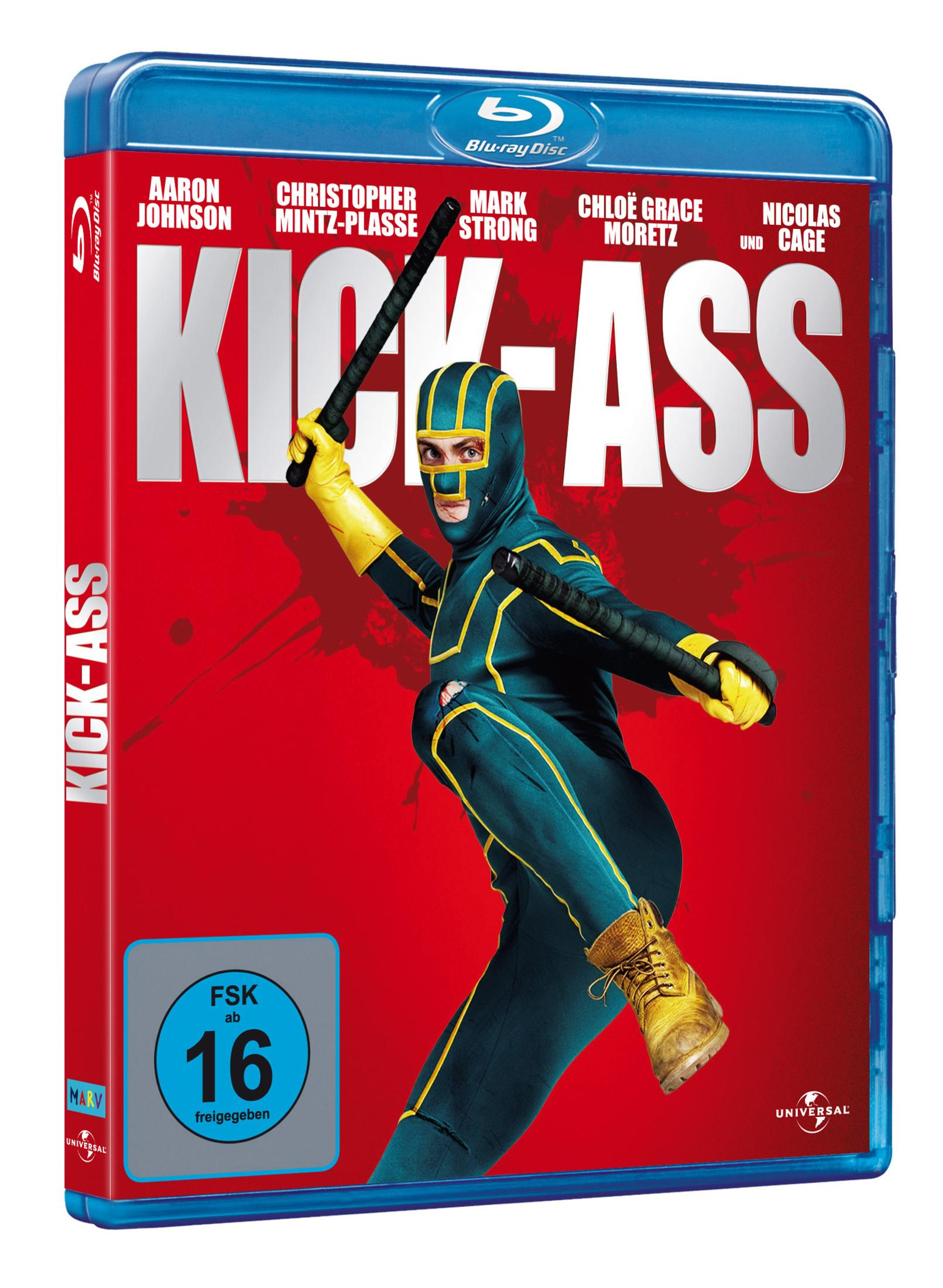 Blu-ray-Cover des Films Kick-Ass mit einem Superhelden im Kostüm.