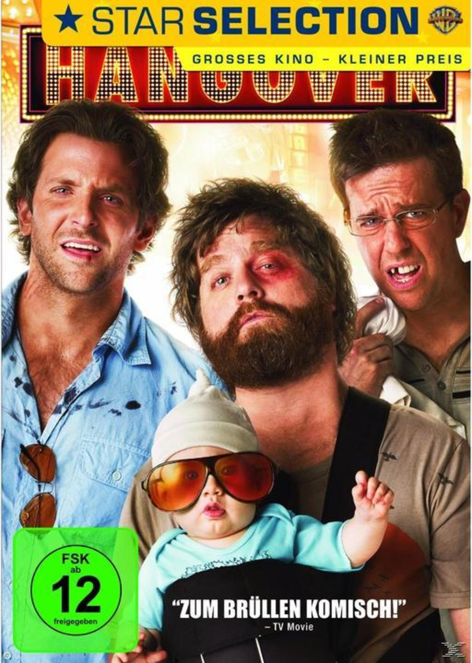Filmcover mit vier Männern, darunter ein Baby mit Sonnenbrille. Es steht "Hangover" drauf.
