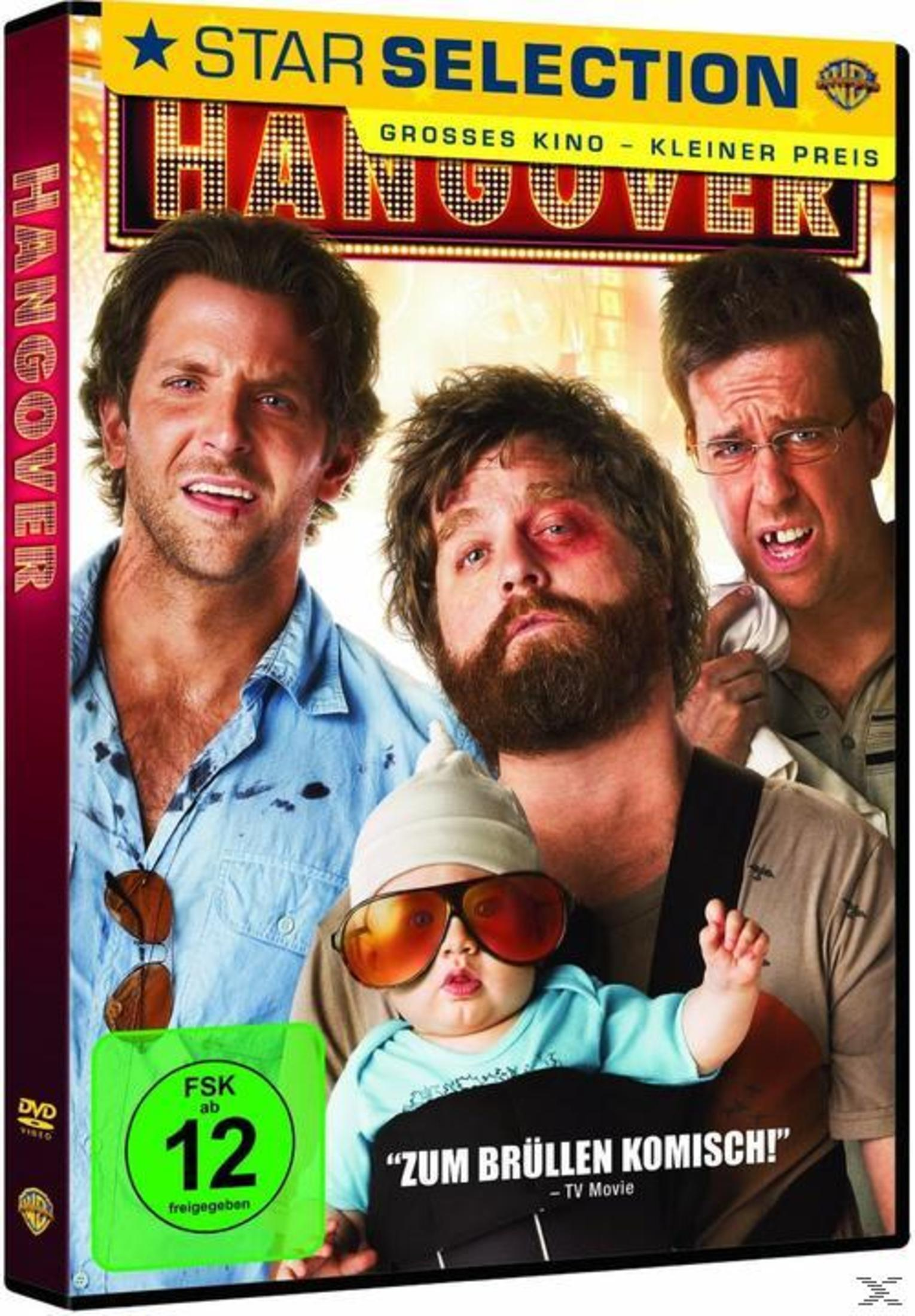 Hangover Filmcover. Schauspieler sind Bradley Cooper, Zach Galifianakis und Ed Helms mit einem Baby.