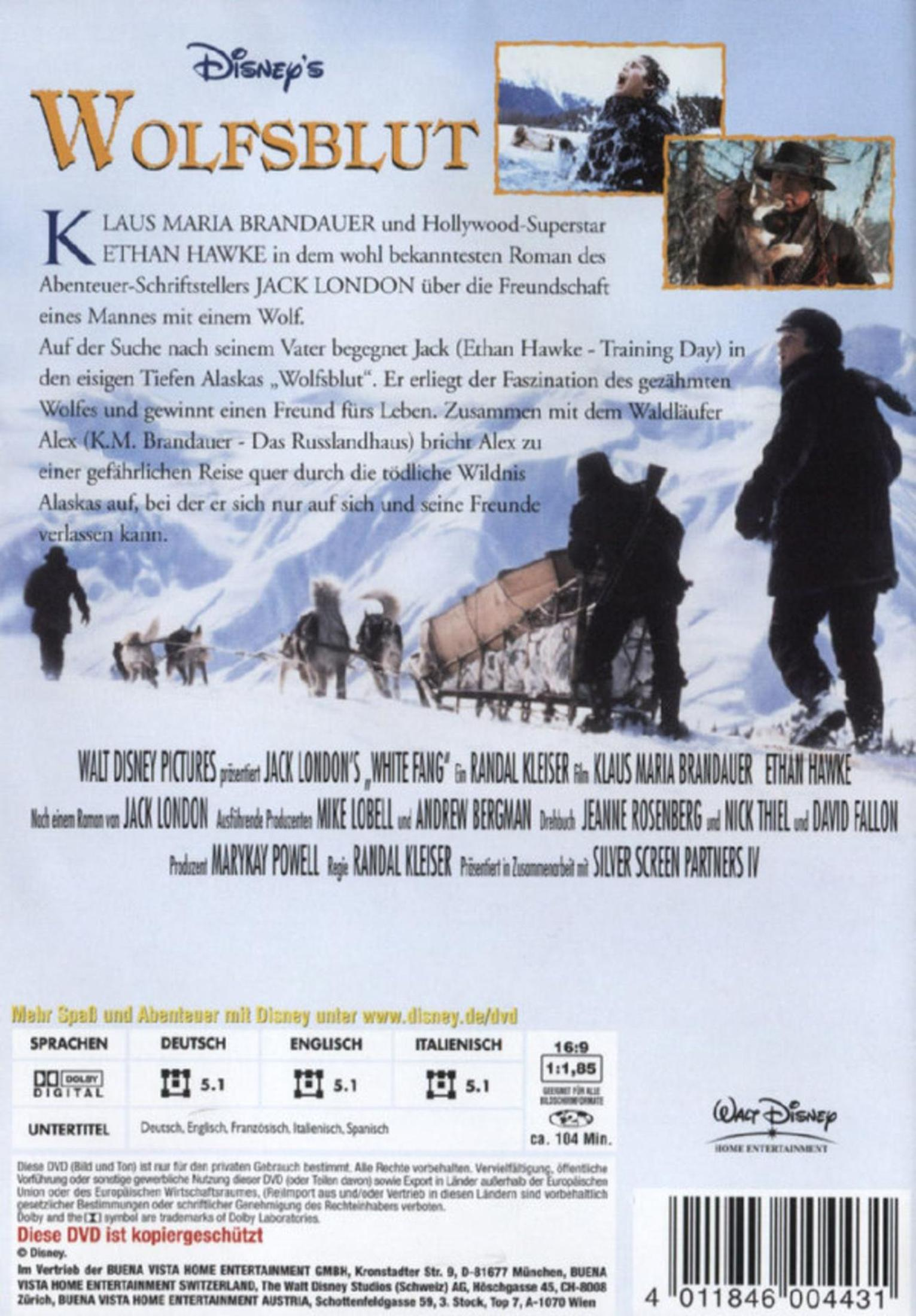 DVD-Rückseite: Text und Bilder über einen Film. Titel: White Fang. Bilder von verschneiten Landschaften und Menschen.