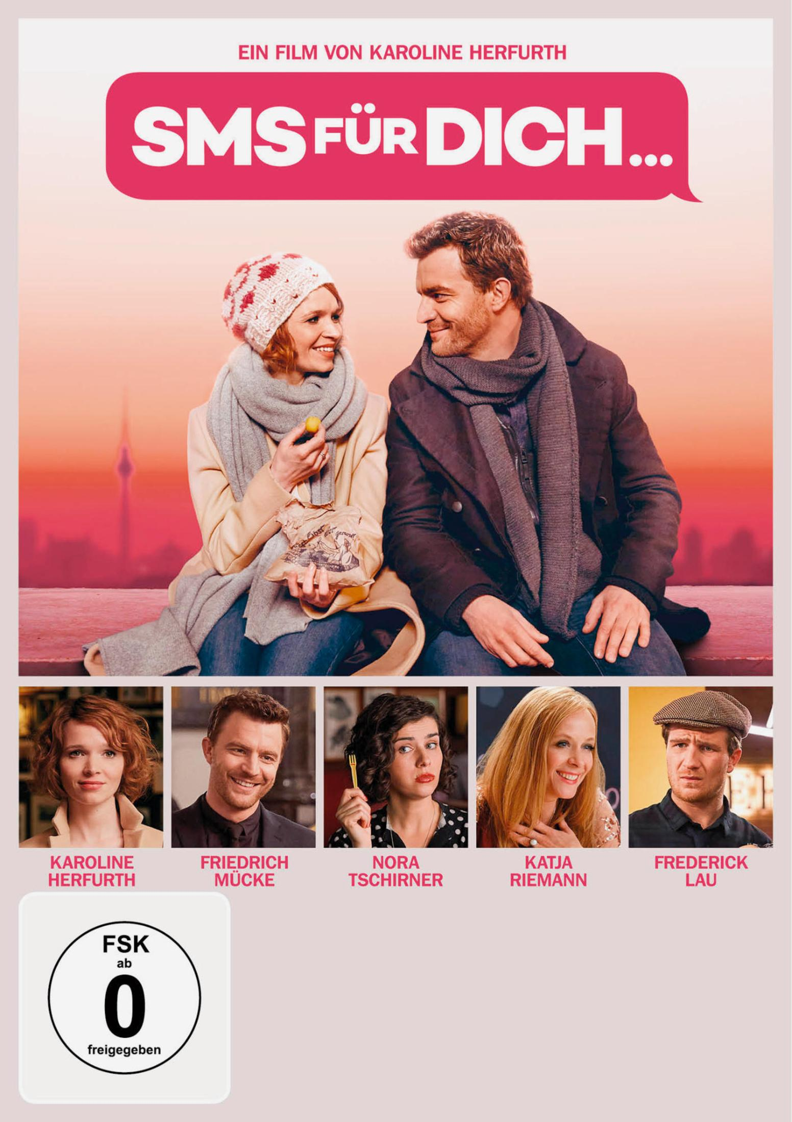 Film-DVD-Cover 'SMS für Dich' mit Paar und weiteren Schauspielern, auf pinkem Hintergrund.