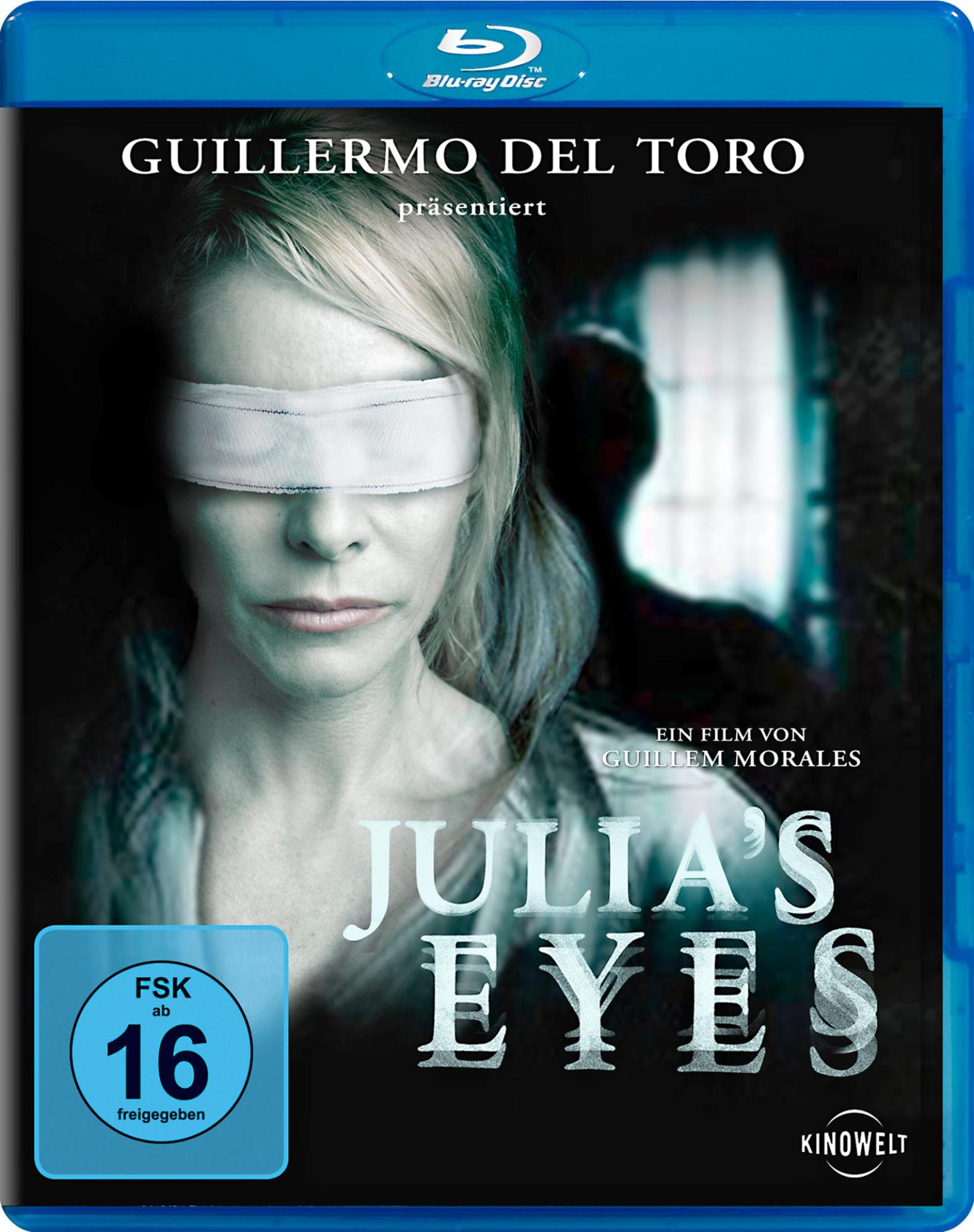 Couverture du film 'Les yeux de Julia'. Une femme est bandée. Le texte est en allemand.