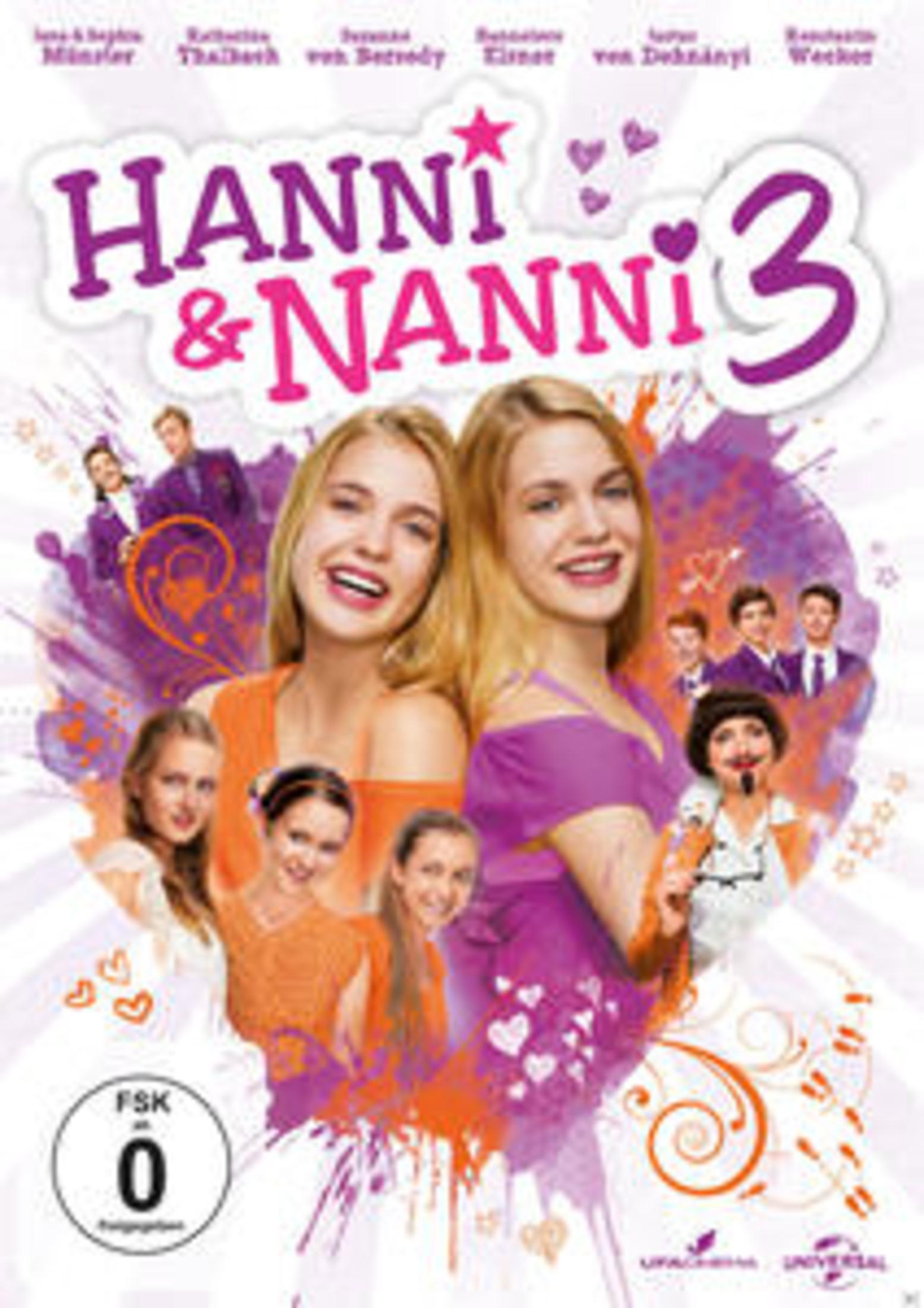 DVD-Cover: 'Hanni & Nanni 3'. Zwei Mädchen lächeln. Andere Charaktere. Herzen und Sterne.
