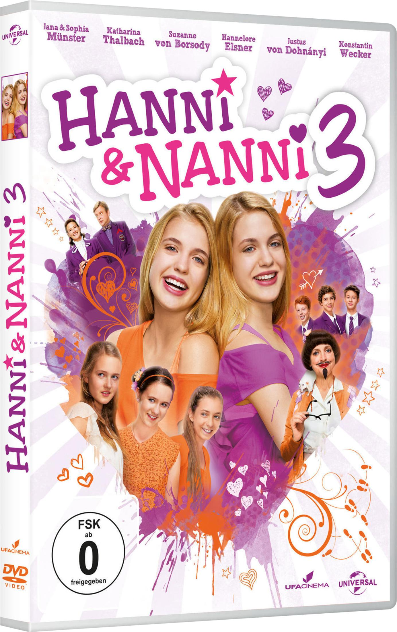 DVD-Cover, zwei Mädchen lächeln. Der Titel lautet Hanni & Nanni 3. Buntes Cover.