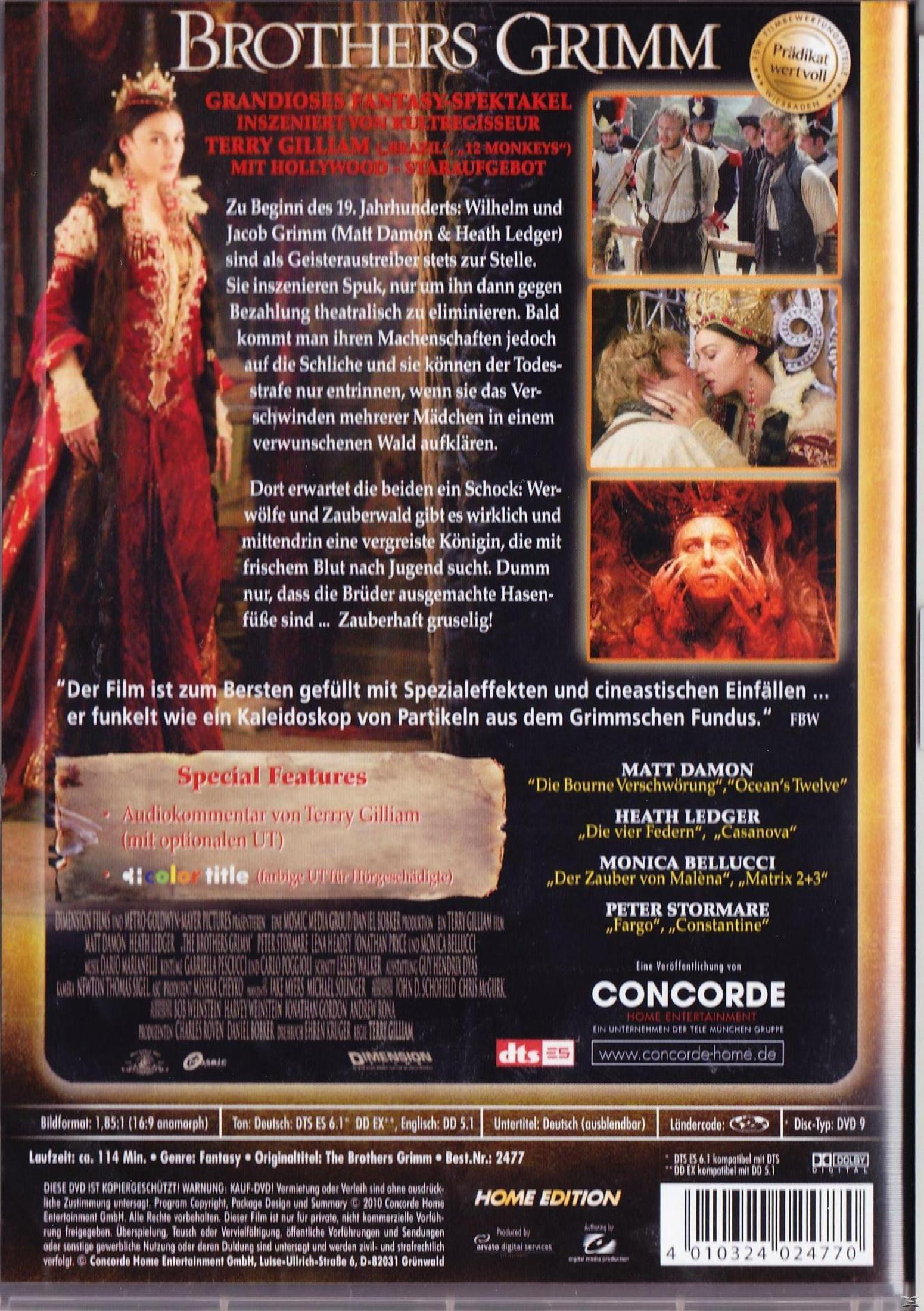 DVD-Cover von Brothers Grimm. Bild zeigt Schauspieler und Text. Hintergrund ist eine Szene aus dem Film.