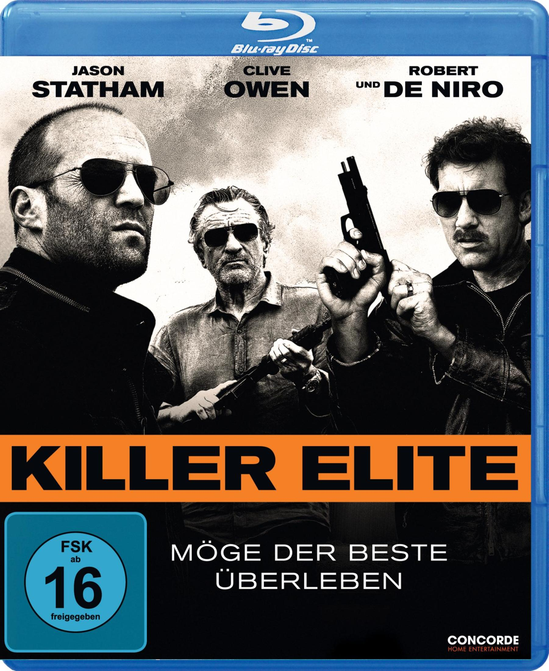 DVD-Cover von 'Killer Elite' mit Jason Statham, Clive Owen und Robert De Niro. Blauer Hintergrund.