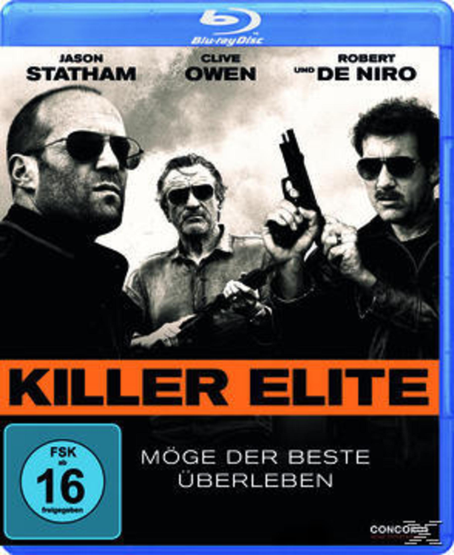 'Killer Elite' Blu-ray-Cover mit Jason Statham, Clive Owen und Robert De Niro, in einem Filmplakat.