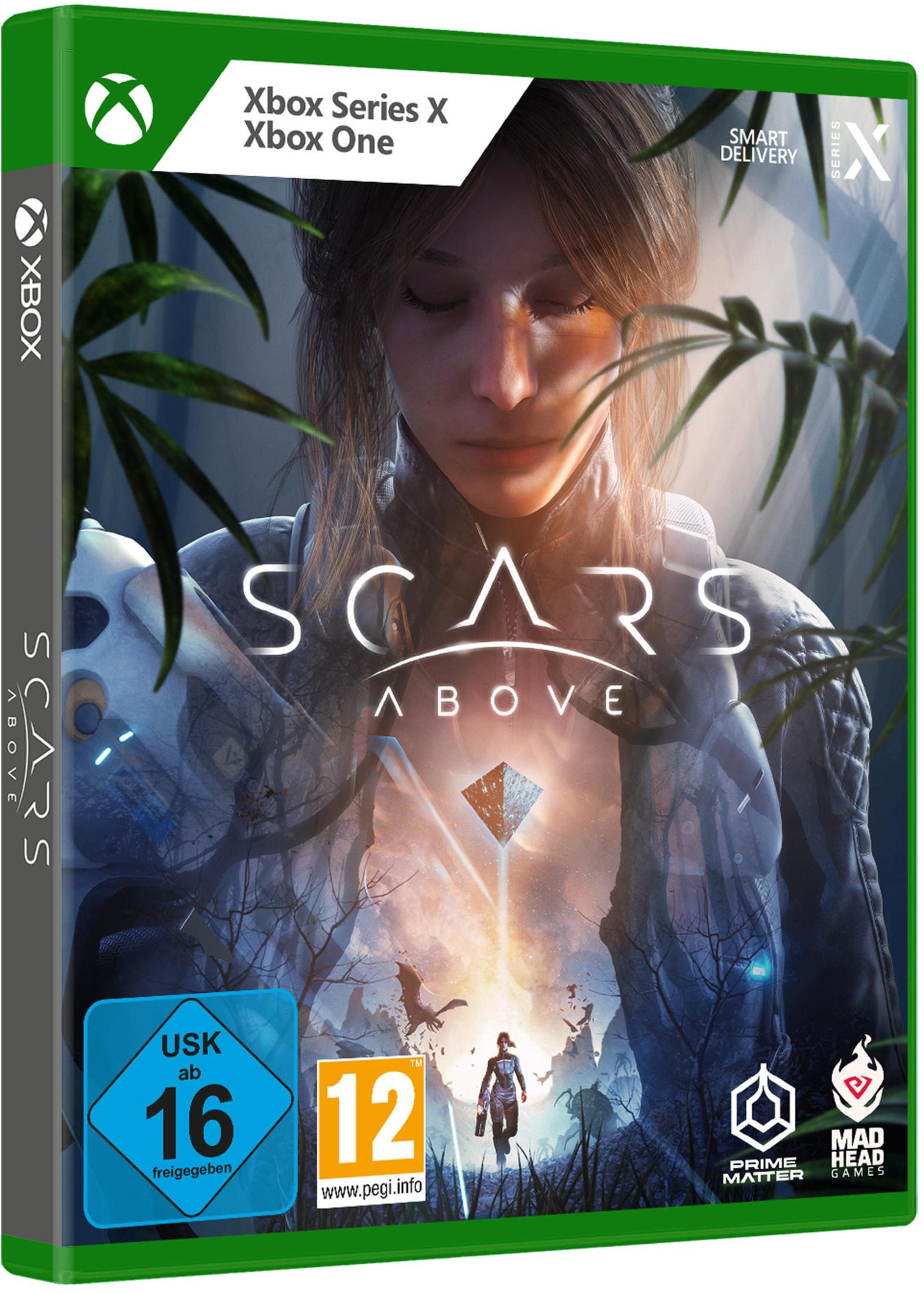 Xbox-Spielhülle für 'Scars Above' mit einer Frau und einer futuristischen Landschaft.