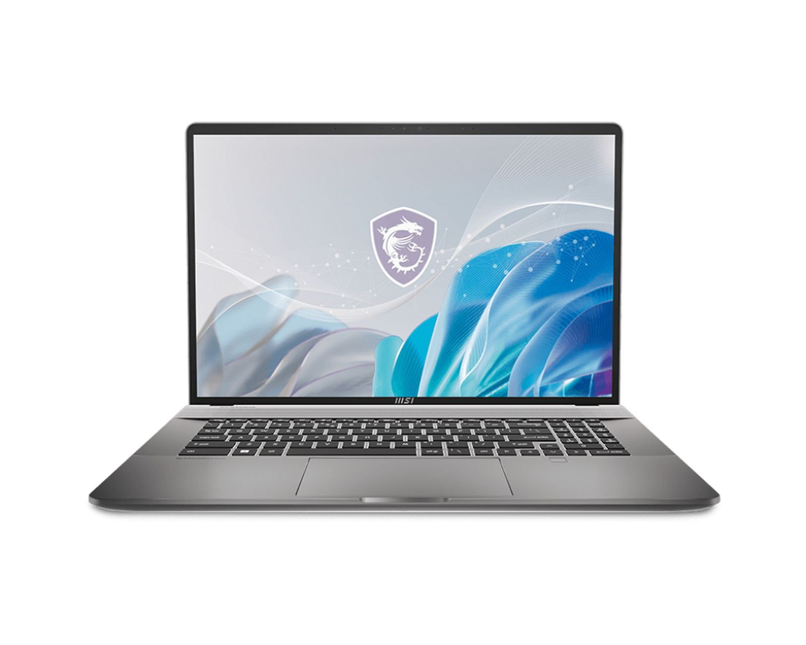 Un laptop argentato con un logo sullo schermo. È aperto e posizionato su una superficie bianca.