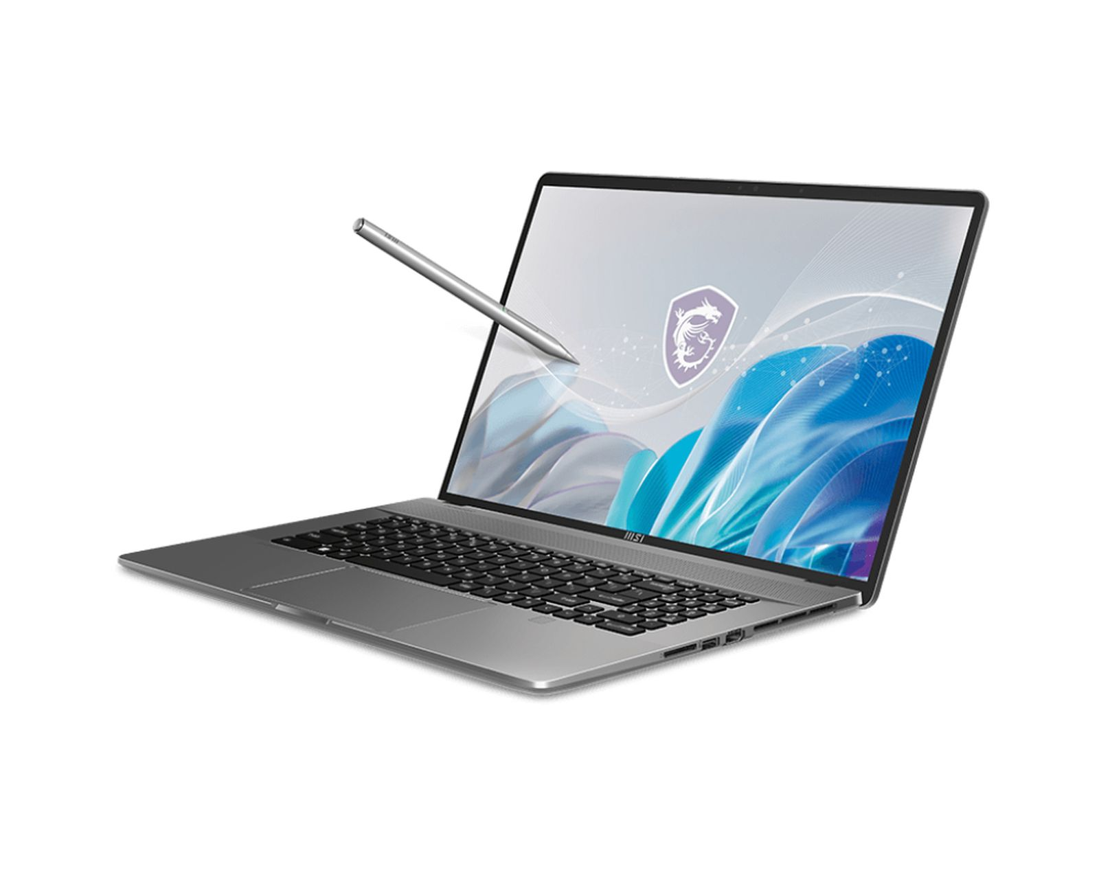 Un laptop argentato con una penna stilo che fluttua sopra lo schermo. Lo schermo mostra un logo.