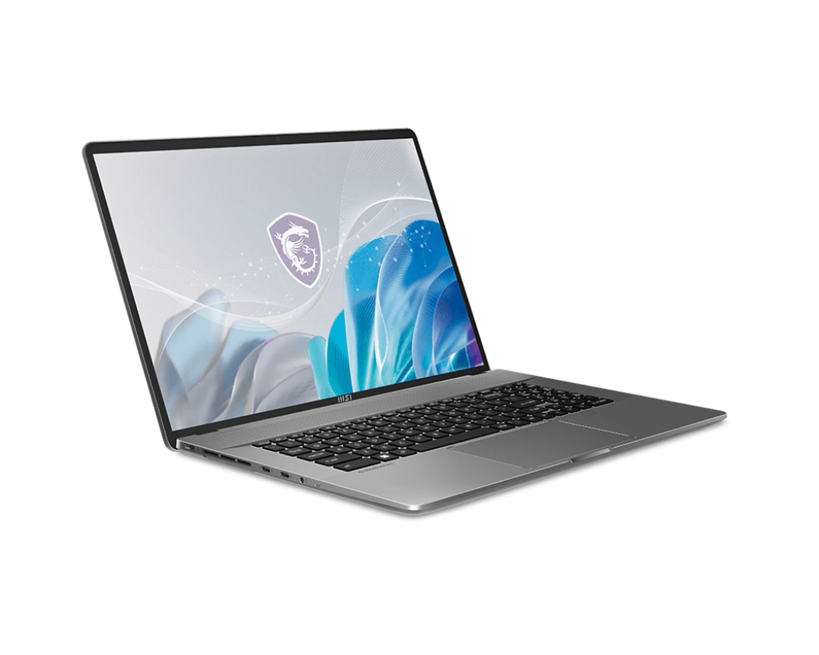 Un laptop argento con tastiera grigia, aperto, che mostra uno schermo colorato. Il marchio è MSI.