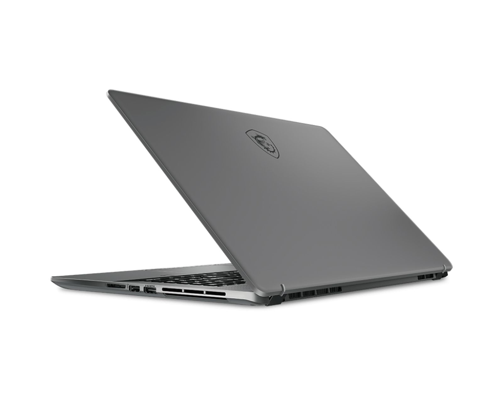 Laptop argentato, visto da dietro in un'angolazione. Il coperchio è aperto.