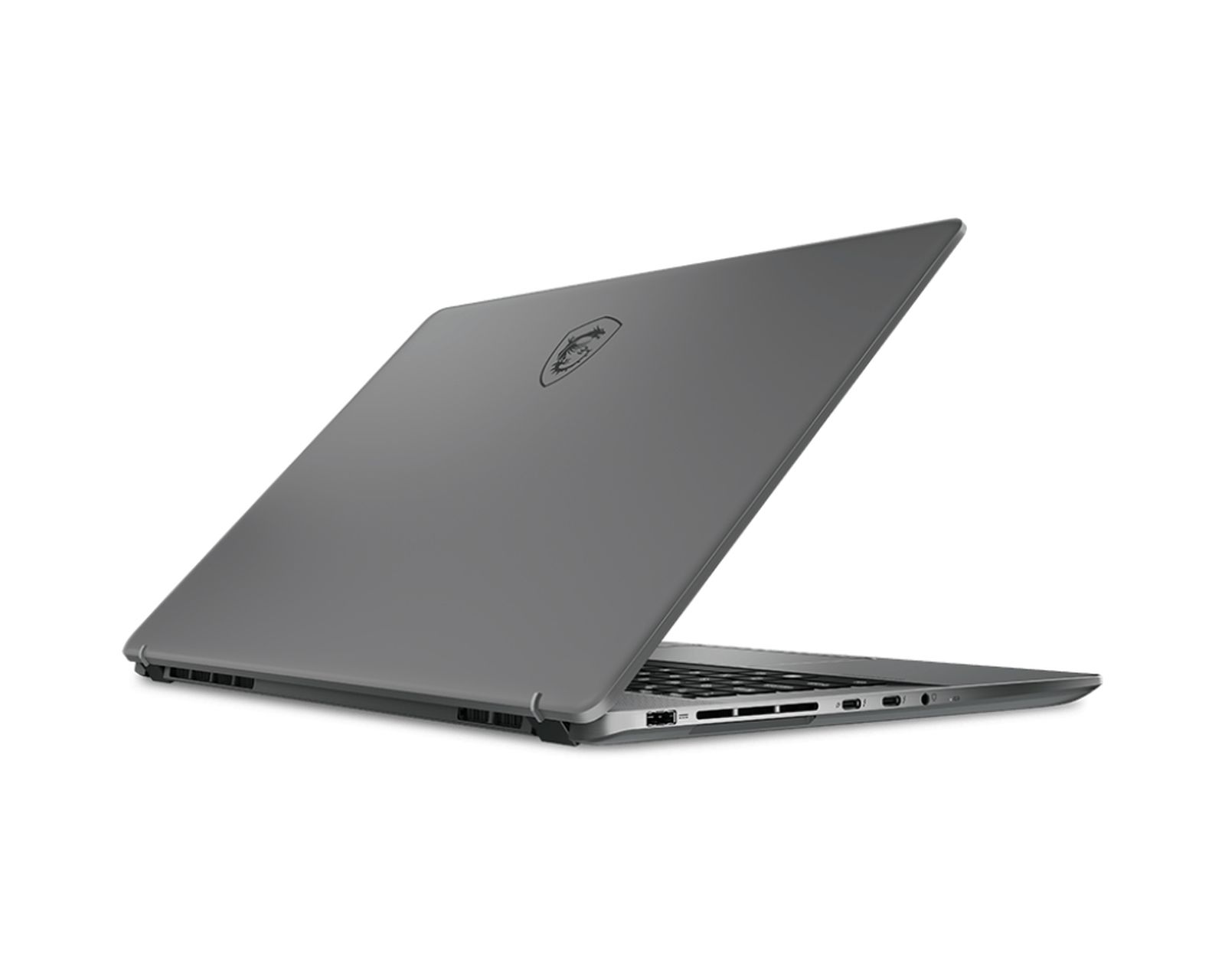 Un laptop argentato, visto da dietro, leggermente angolato. Lo schermo è chiuso. Ha un logo.