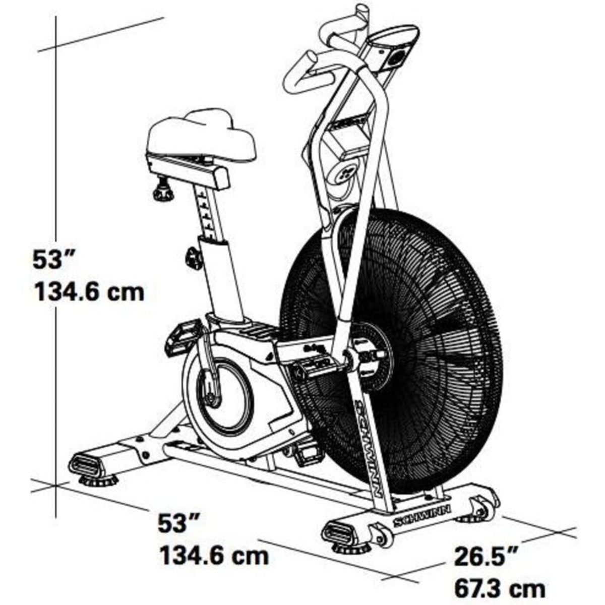 Rysunek liniowy roweru treningowego. Wymiary wskazane za pomocą etykiet.