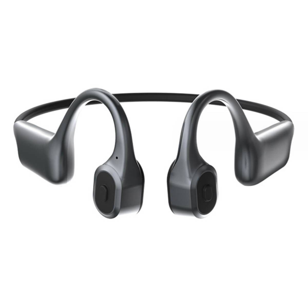 Auriculares de conducción ósea grises, colocados alrededor de la cabeza.