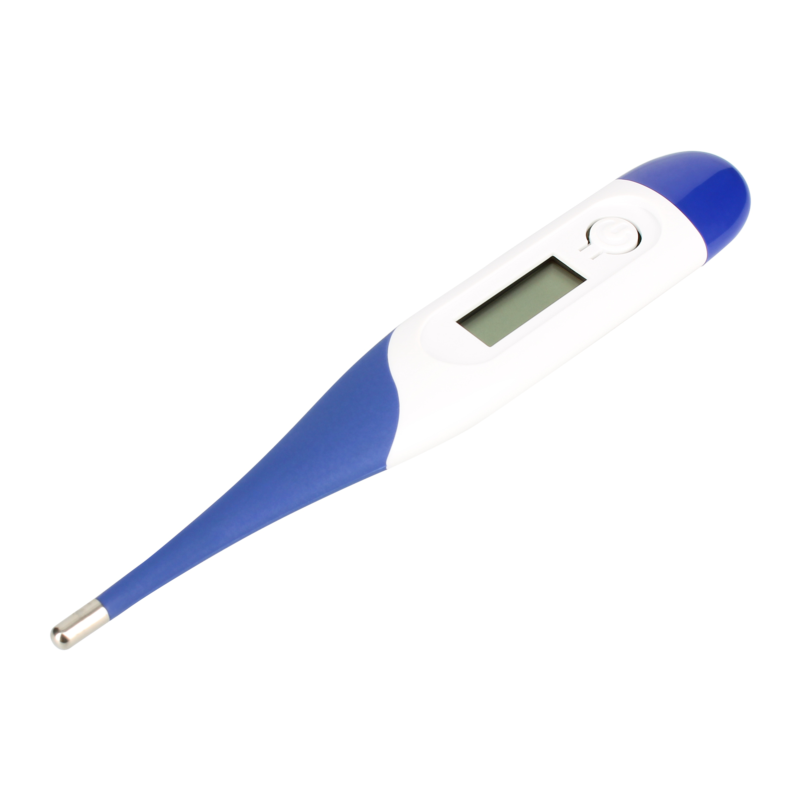 Termometro digitale, bianco con accenti blu. Un piccolo display e una punta argentata.