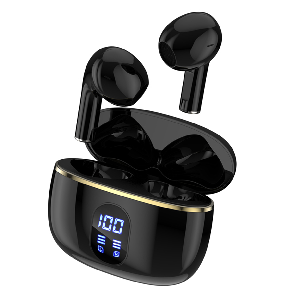 Auricolari wireless neri con custodia di ricarica, display digitale '100'.