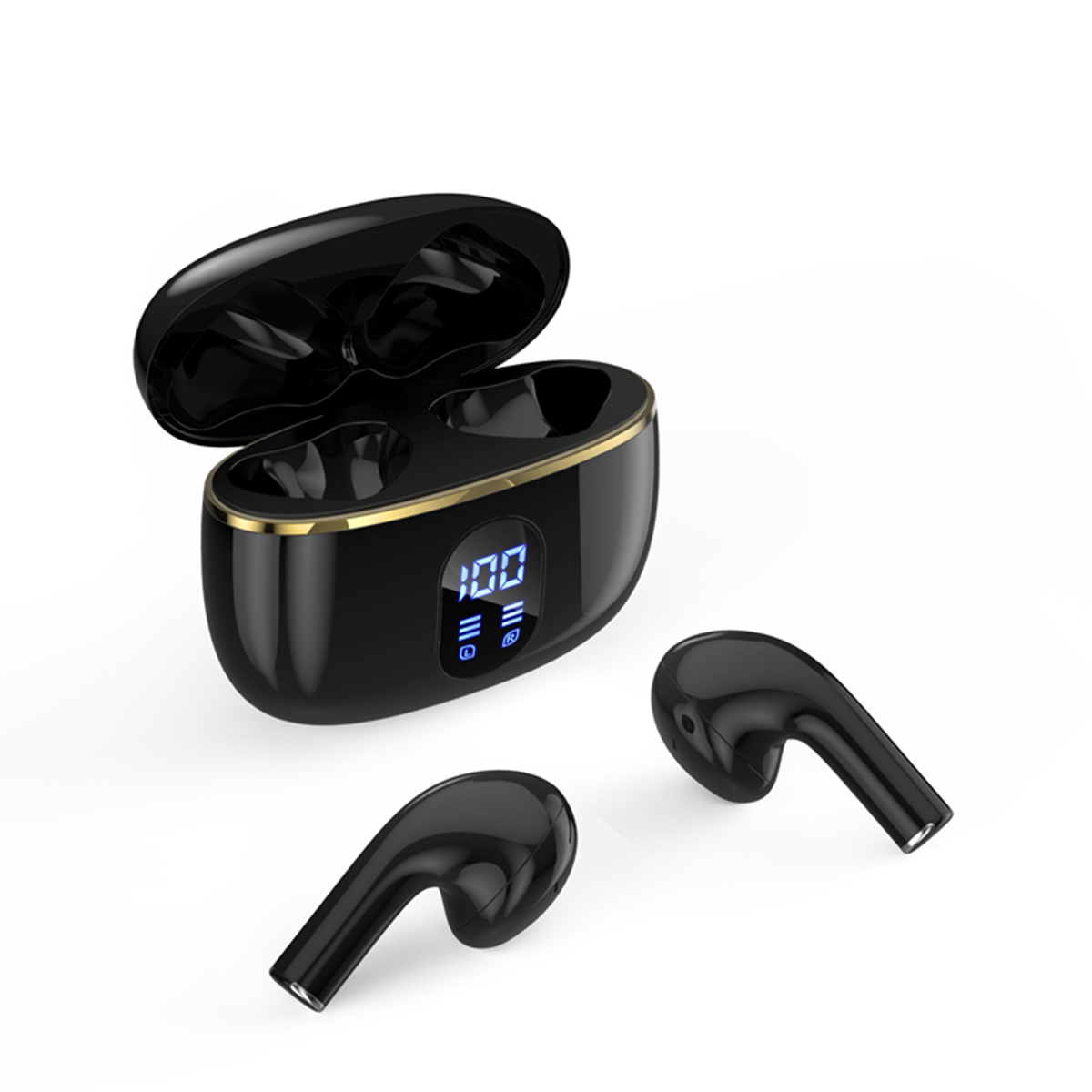 Auricolari wireless neri in una custodia di ricarica con display digitale.