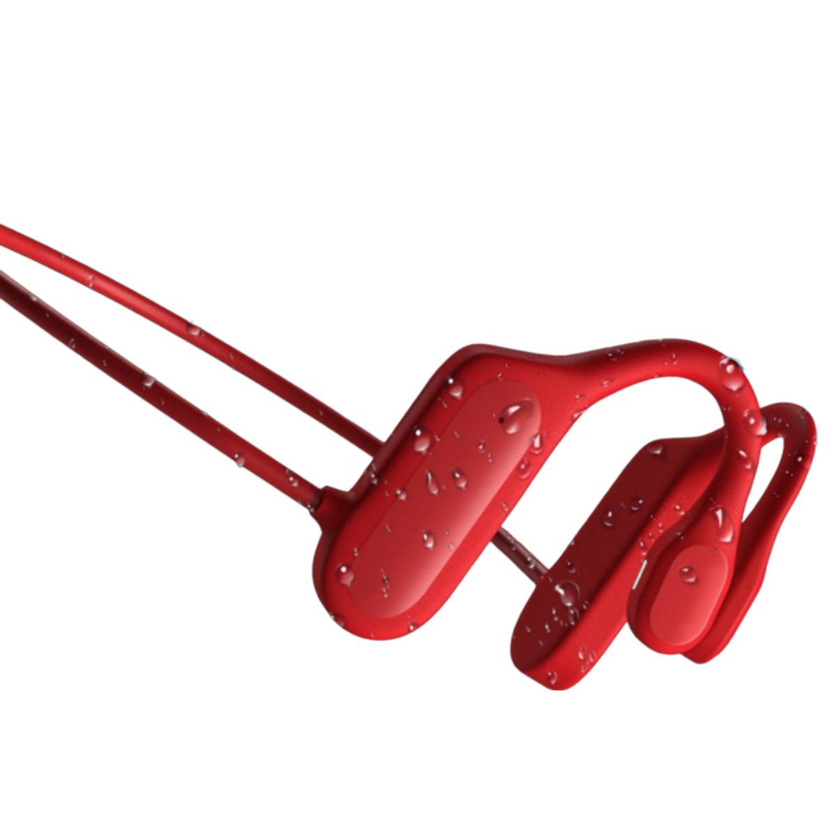 Auriculares de conducción ósea rojos. El diseño descansa en las orejas y rodea la cabeza.