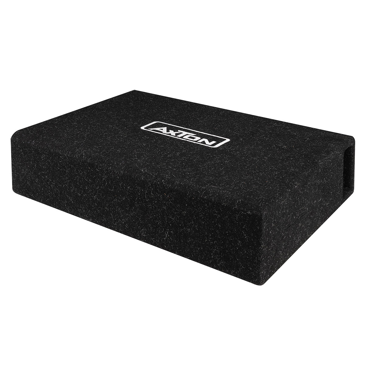 Schwarzer rechteckiger Subwoofer mit weißem "AXTON"-Logo. Es hat eine strukturierte Oberfläche und einen Anschluss an der Seite.