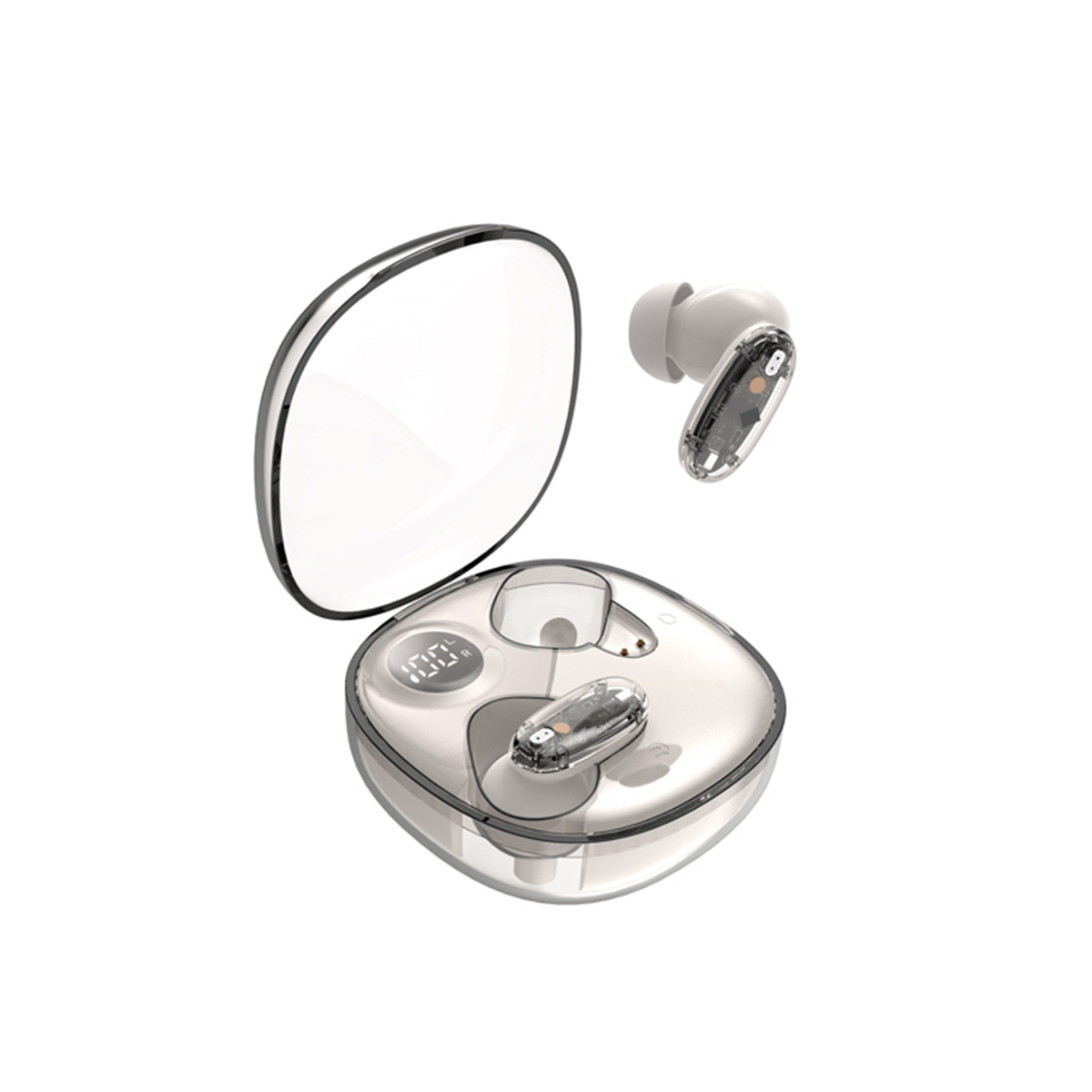 Auricolari wireless con custodia di ricarica, entrambi bianchi e trasparenti, su bianco.