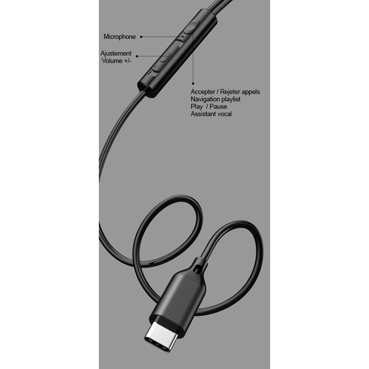 Cavo auricolari USB-C nero con pannello di controllo per volume e chiamate. Sfondo grigio.