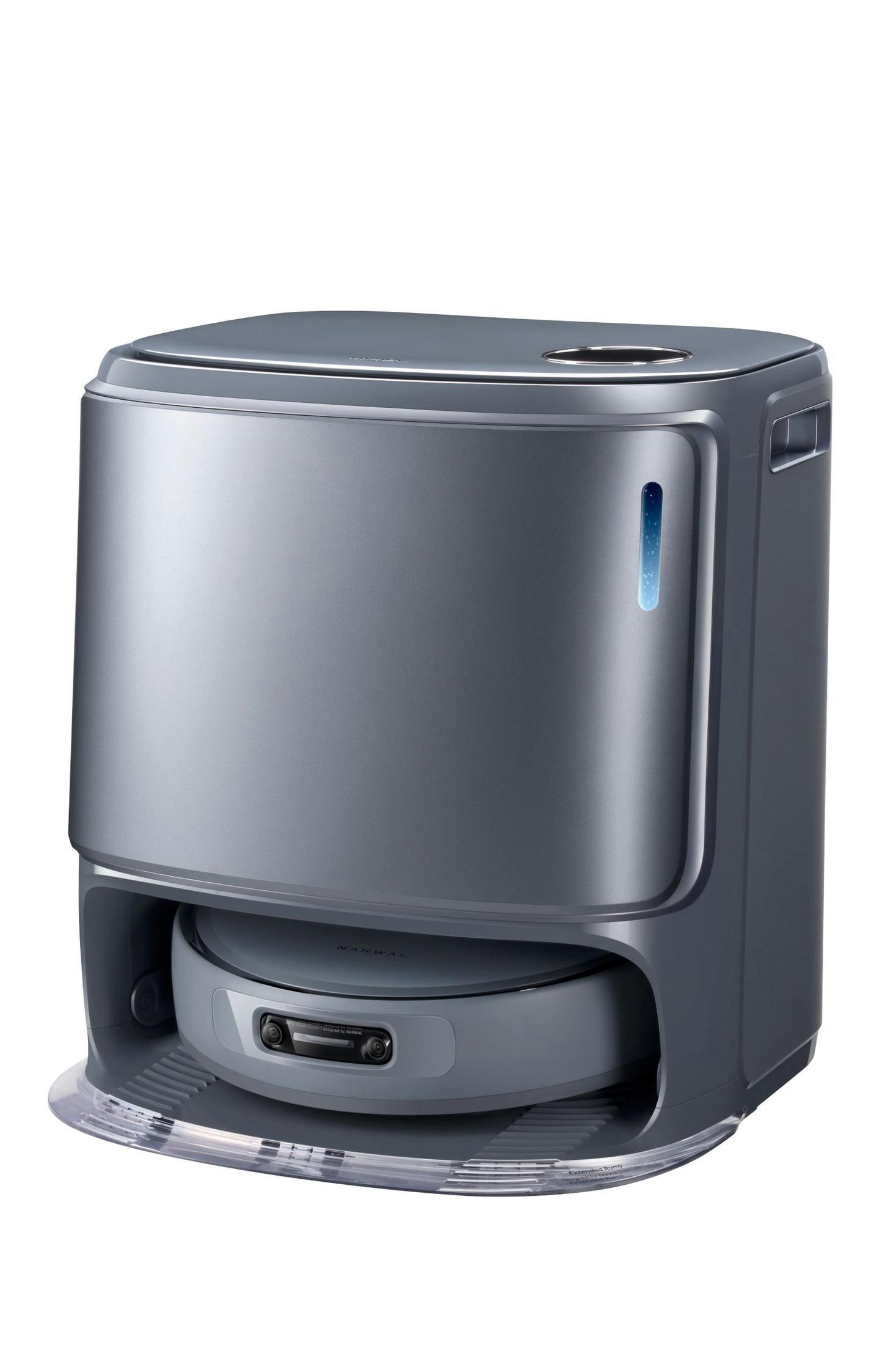 Ein grauer Roboter-Staubsauger mit einer Basisstation.
