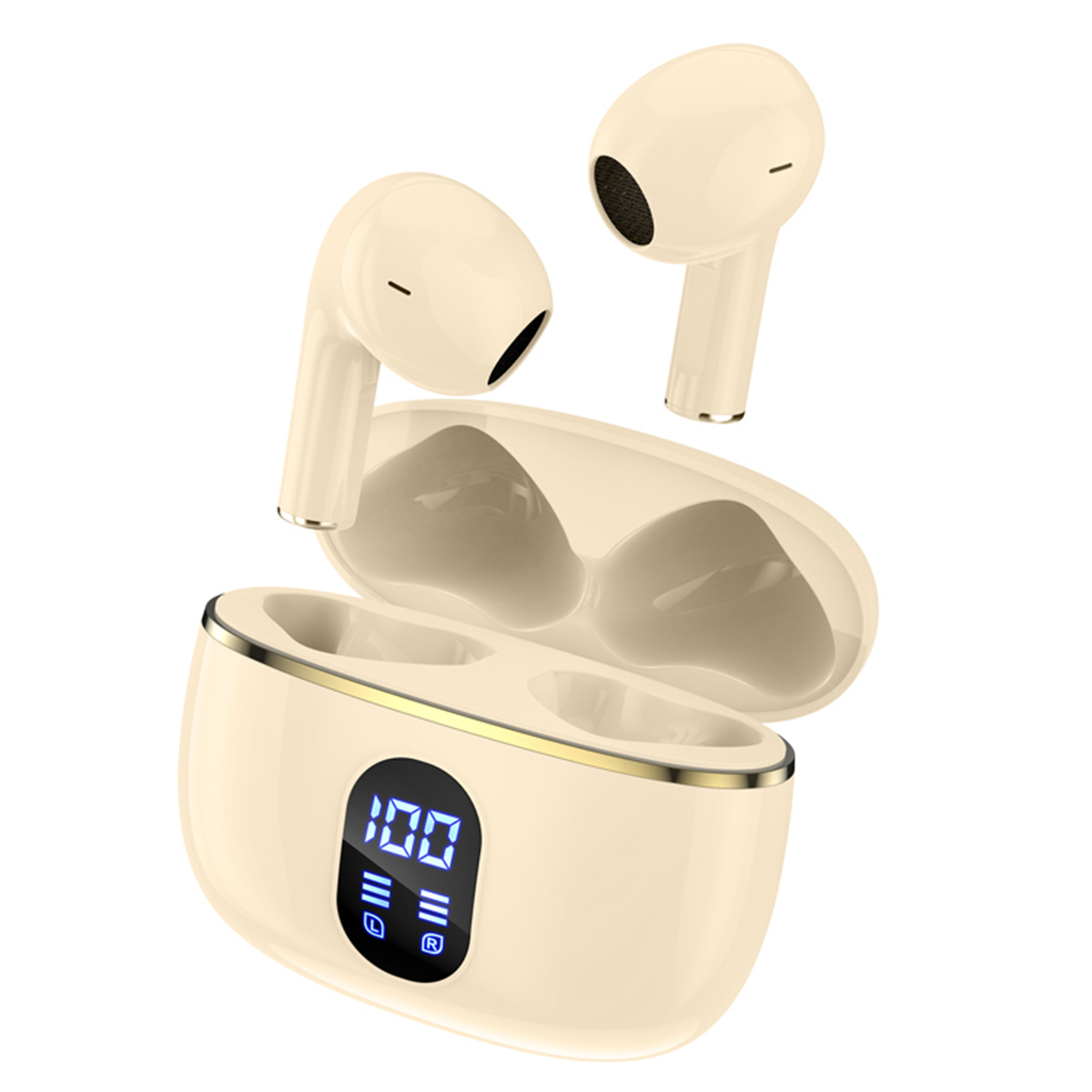 Auricolari wireless bianco sporco e custodia di ricarica. La custodia mostra uno schermo digitale.