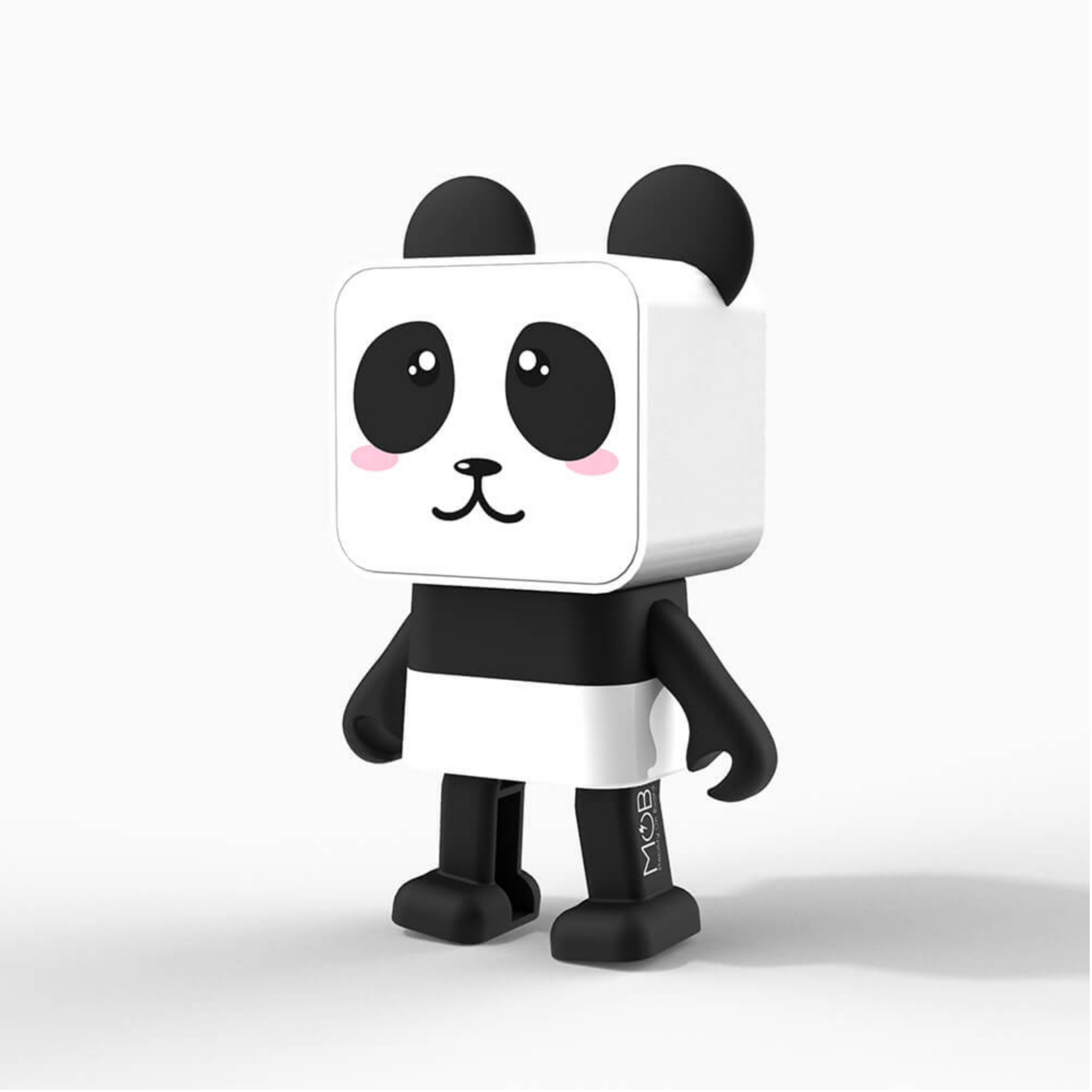 Ein weißer Lautsprecher in Pandaform mit einem schwarz-weißen Körper. Er hat ein süßes Gesicht und steht aufrecht.