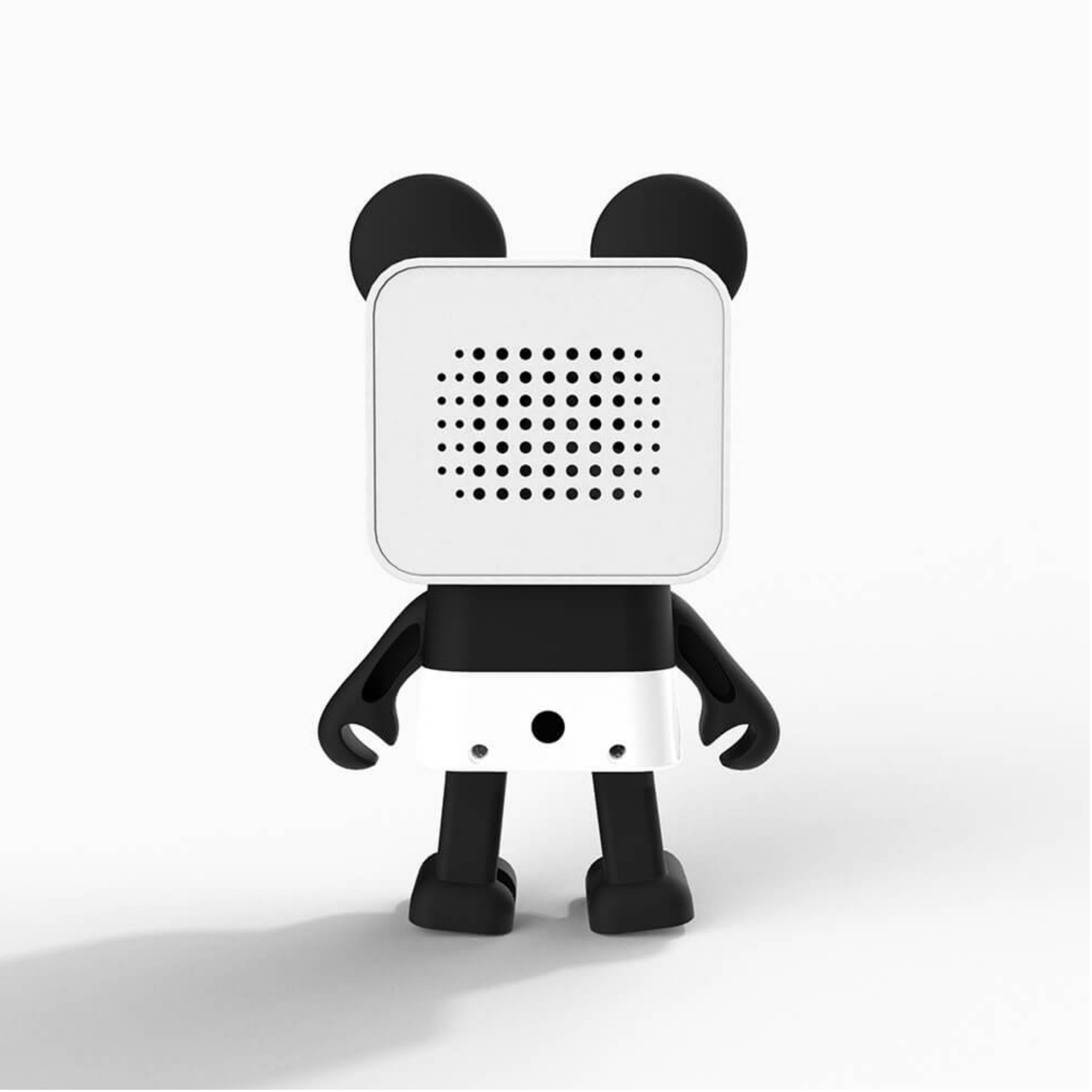 Ein pandaförmiger Lautsprecher, weiße Front mit Punkten, schwarzer Körper und Ohren.