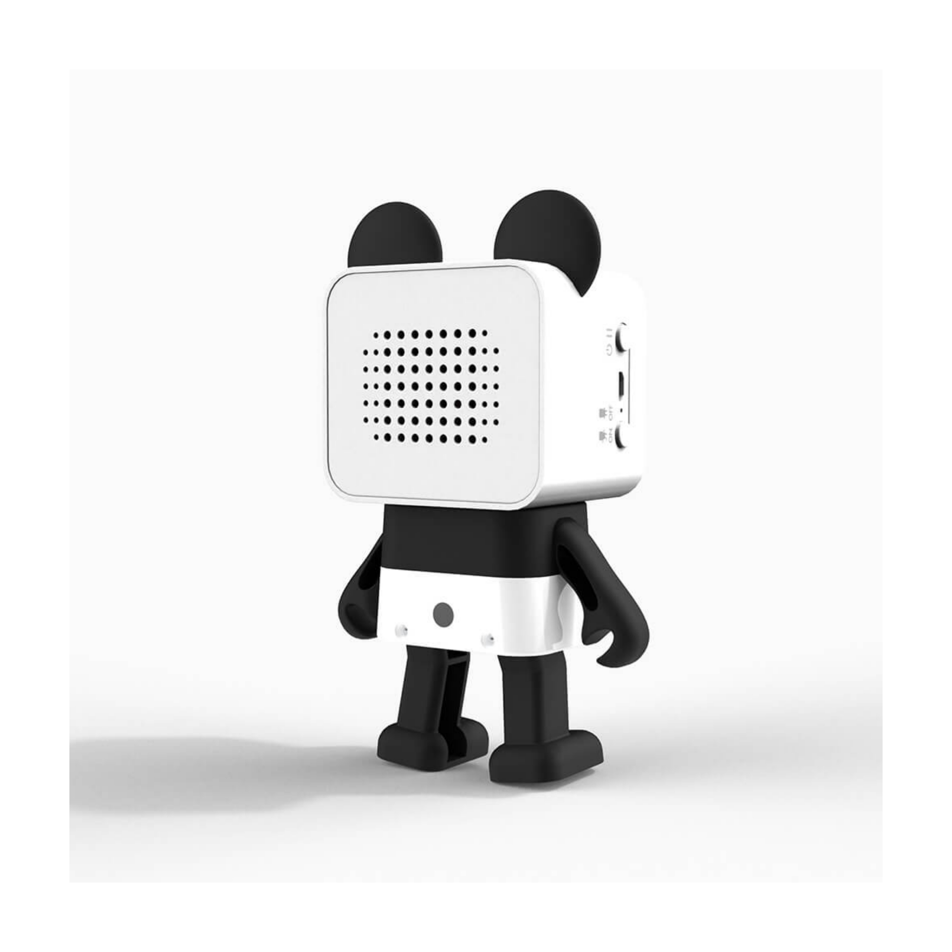 Lautsprecher im Cartoon-Stil in Form von Mickey Mouse. Weißer Körper, schwarze Ohren und Füße.