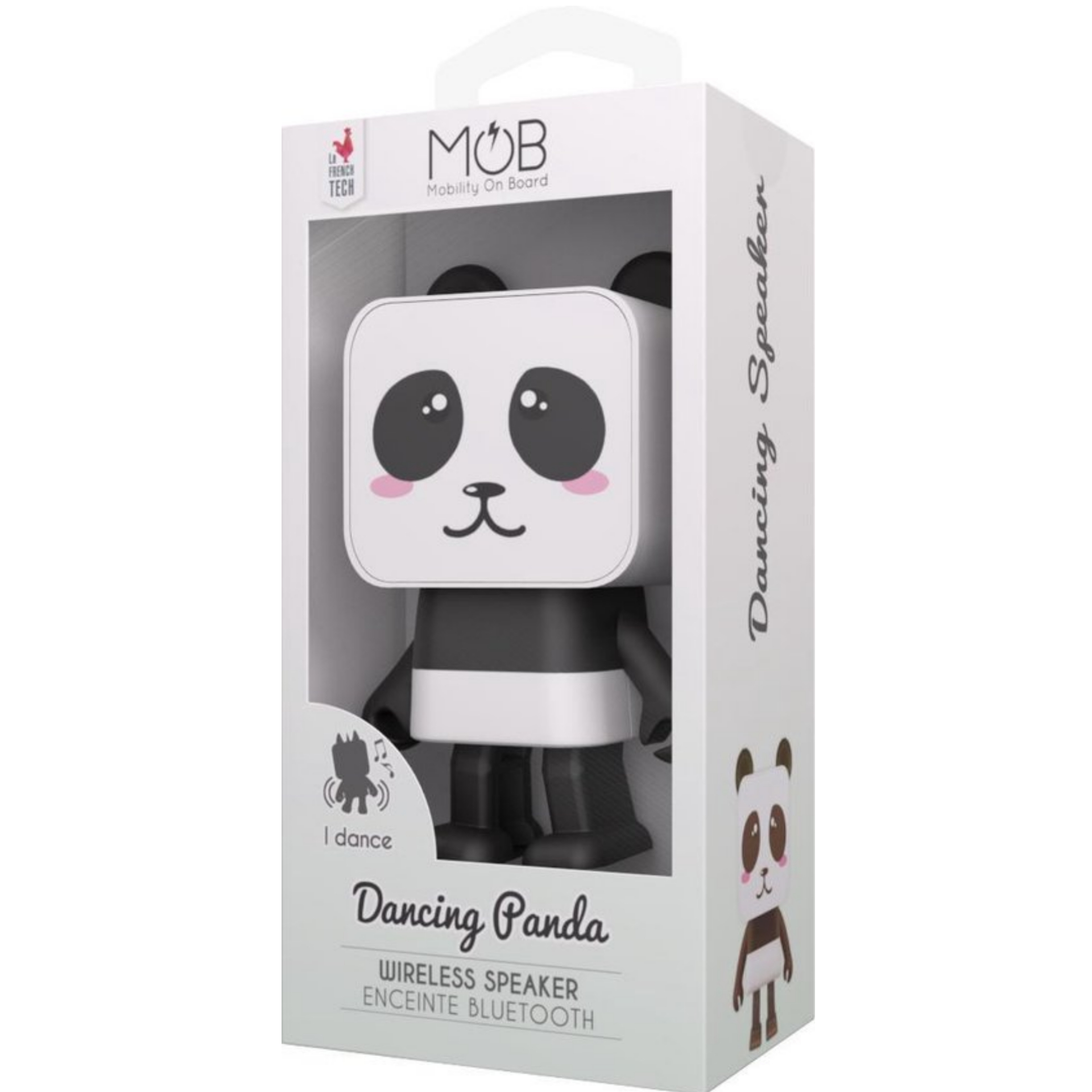 Panda-förmiger kabelloser Lautsprecher in einer weißen Box mit Text und Panda-Grafik.