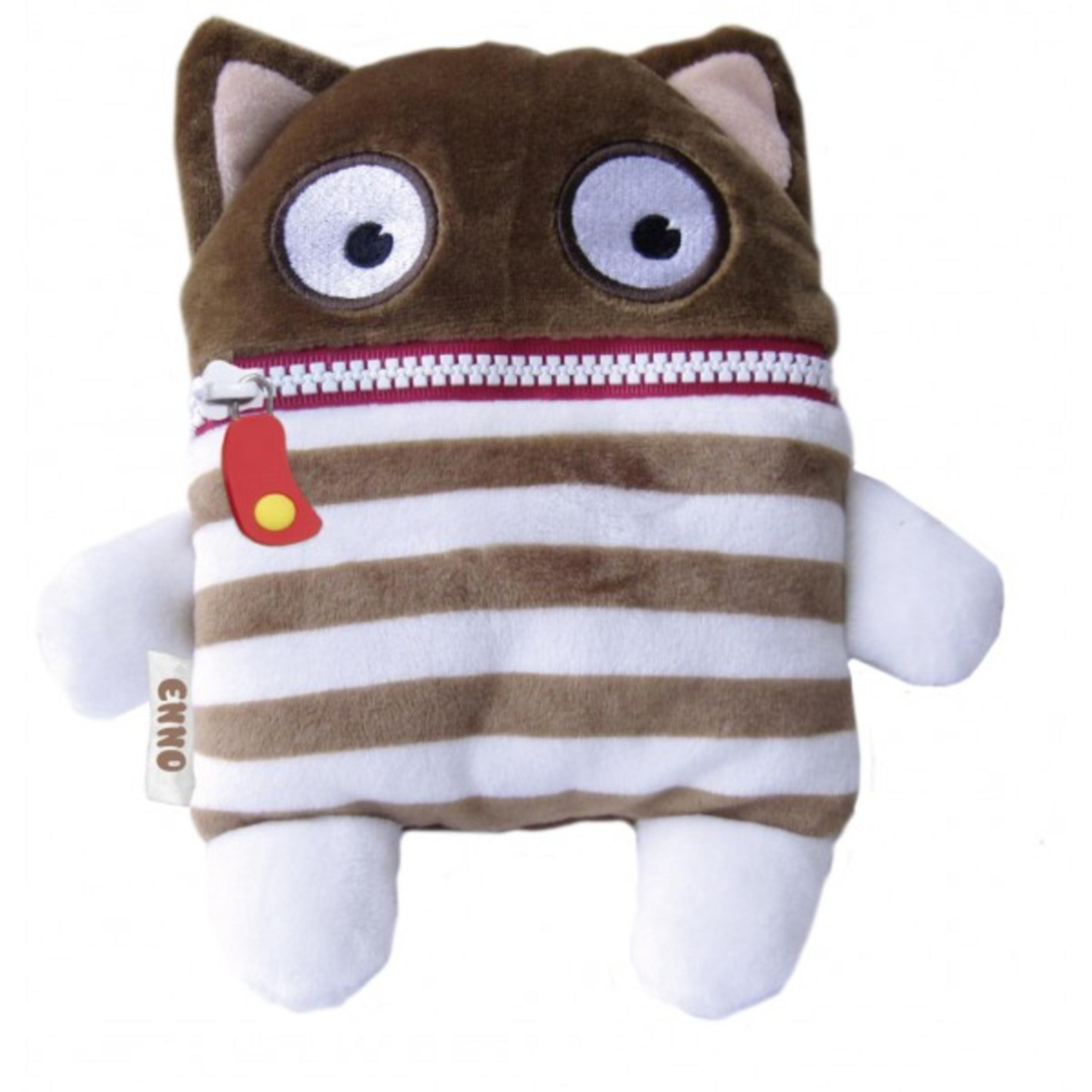 Brązowo-biała pluszowa zabawka w paski w kształcie kota z zamkiem błyskawicznym i dużymi oczami.