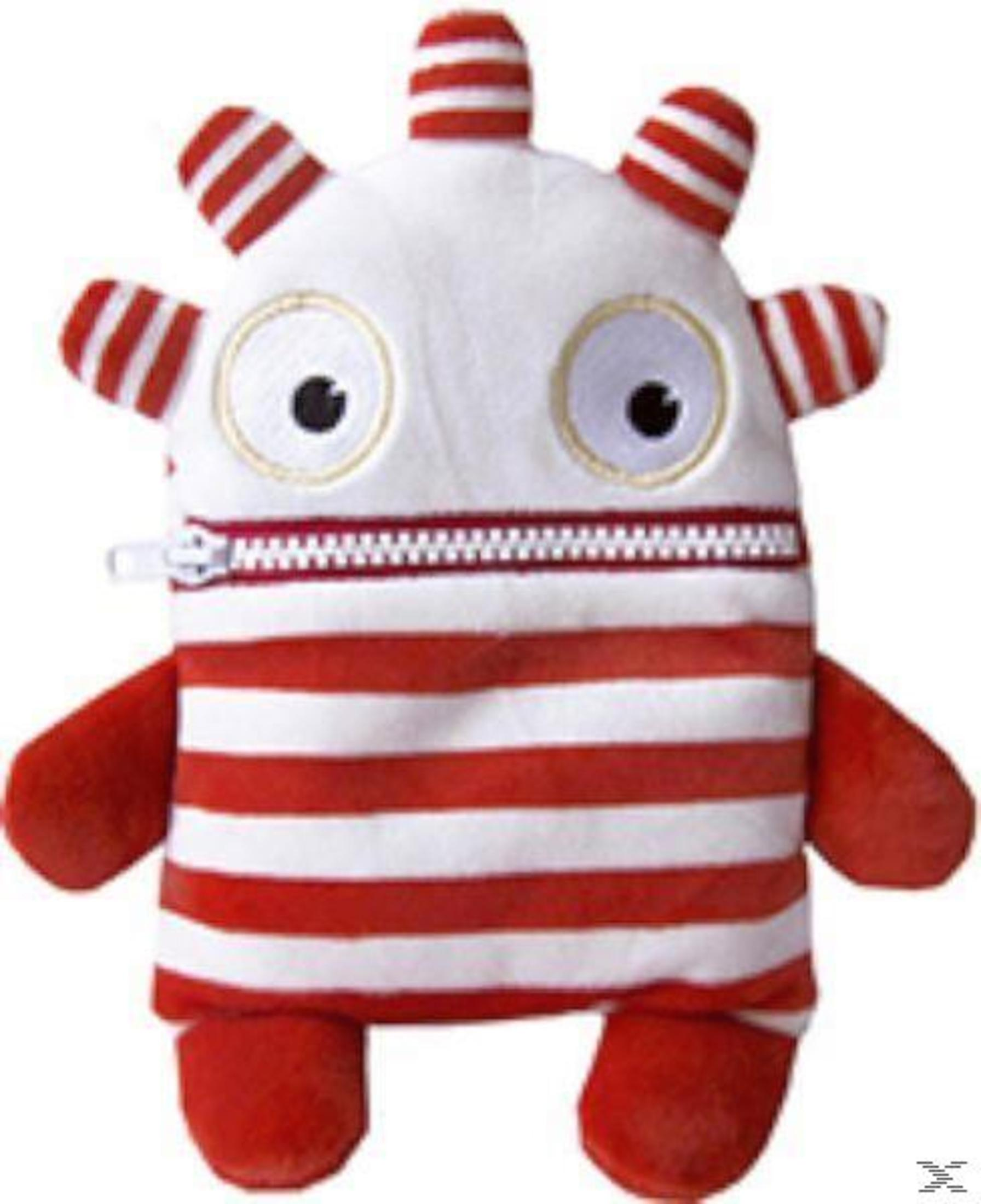 Pluszowy potwór w czerwono-białe paski, z zamkiem błyskawicznym i dwoma oczami.