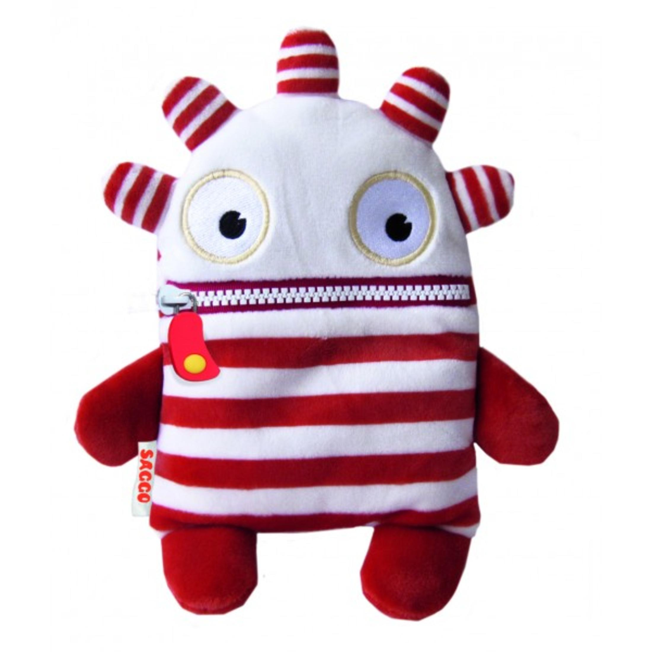 Czerwono-biały pluszowy potwór w paski z zamkiem błyskawicznym.