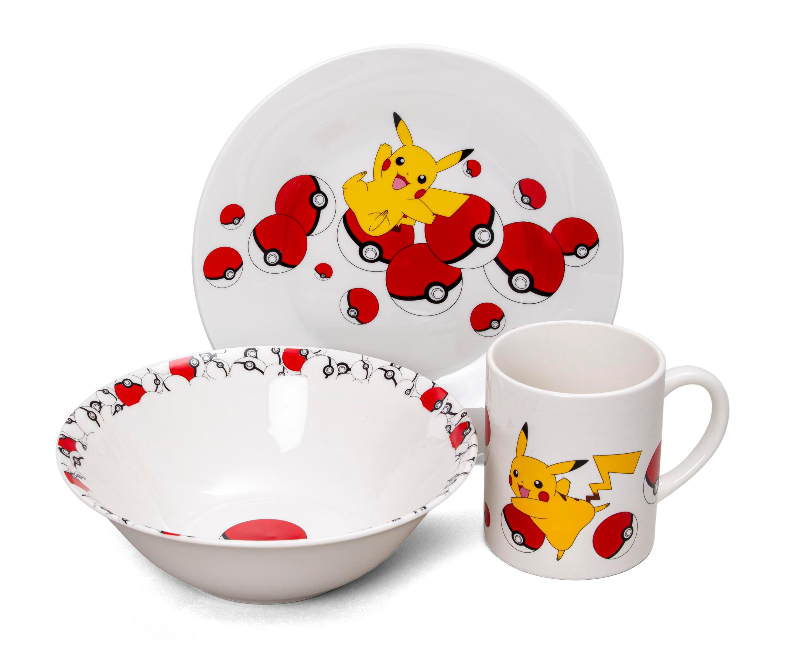 Weißes Geschirr-Set im Pokémon-Design: Teller, Schüssel und Becher. Pikachu und PokéBälle sind gezeigt.