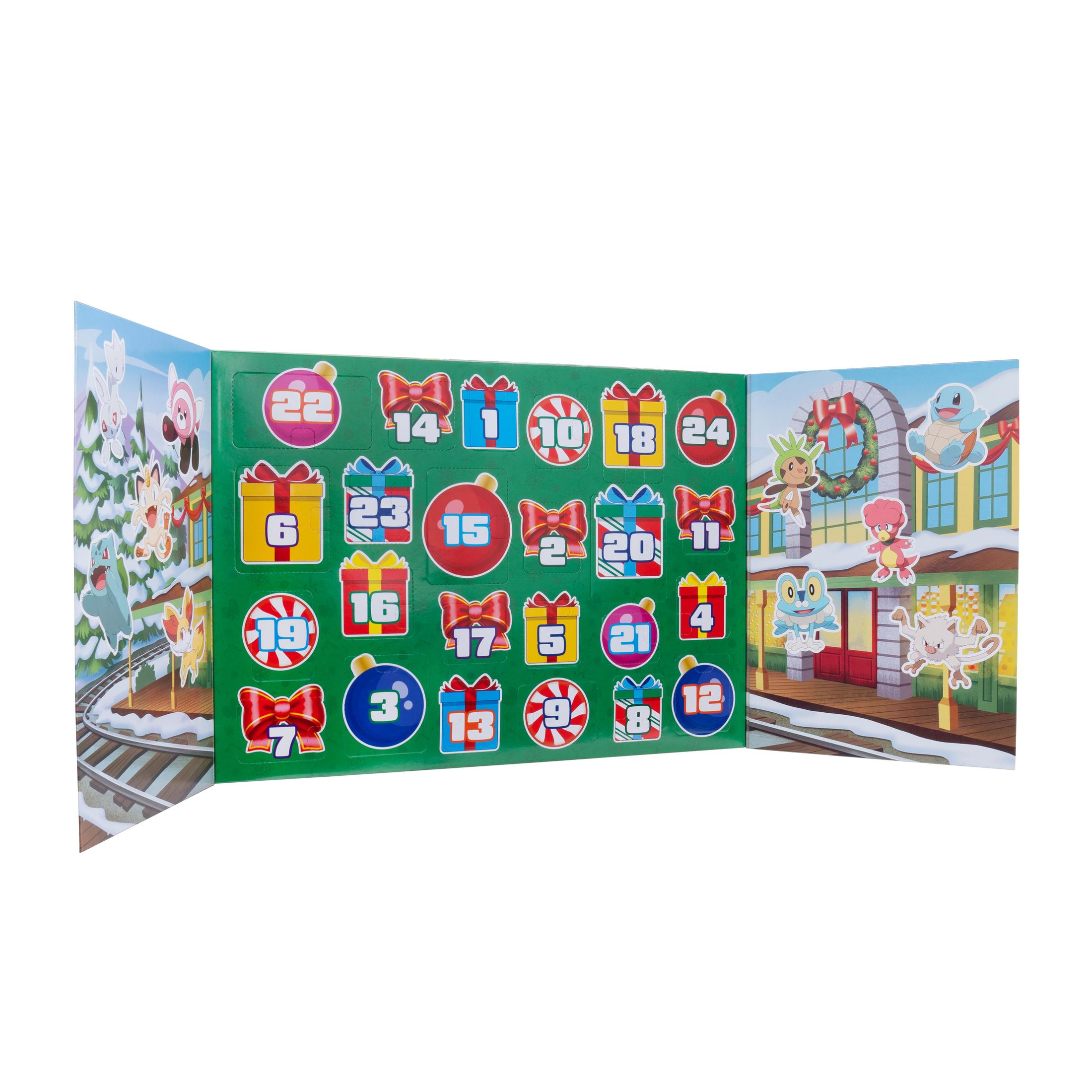 Adventskalender mit Weihnachtsmotiv, Geschenkboxen und Zeichentrickfiguren in einer Winterszene.