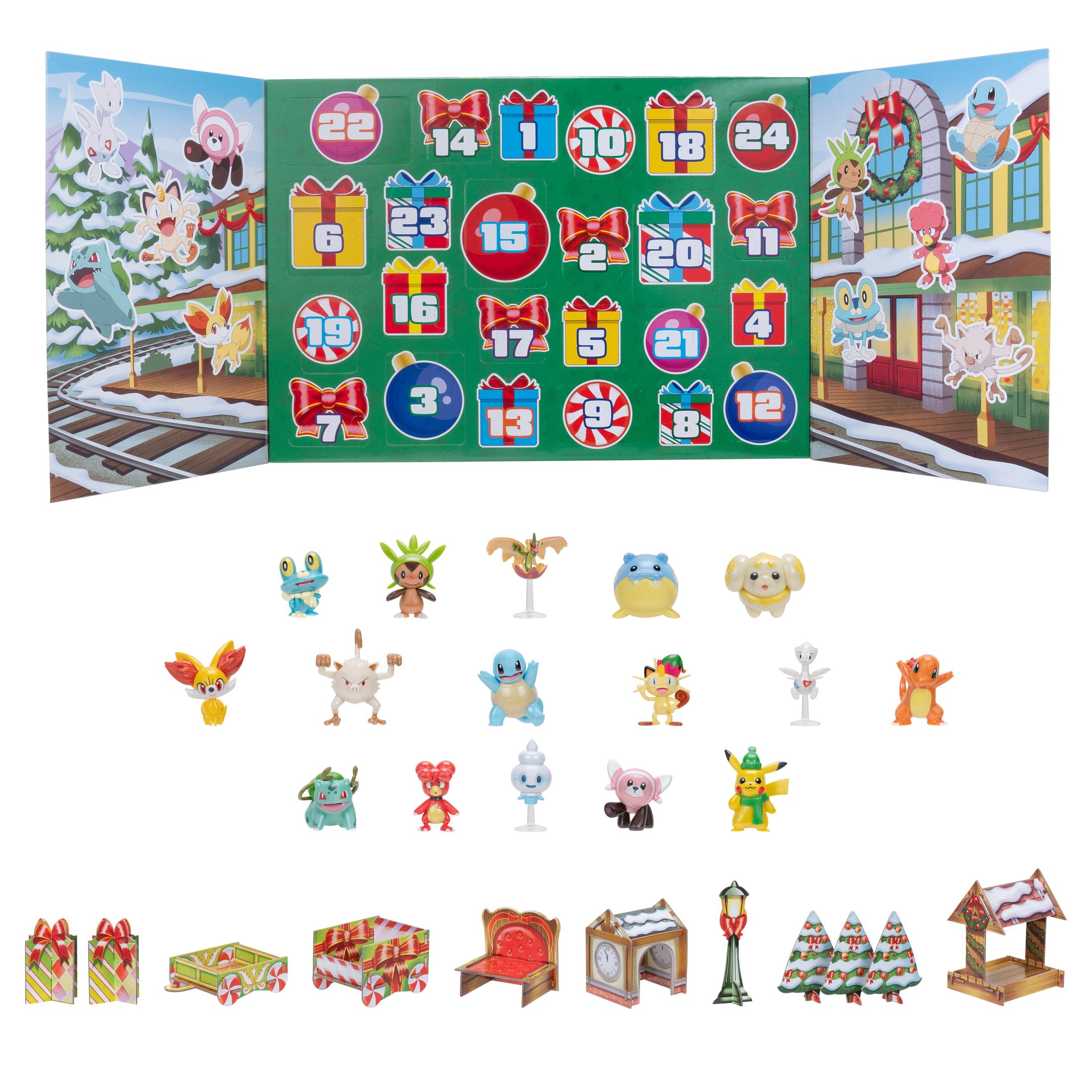 Adventskalender mit Pokémon-Figuren. Weihnachtliches Design, mit verschiedenen Charakteren.