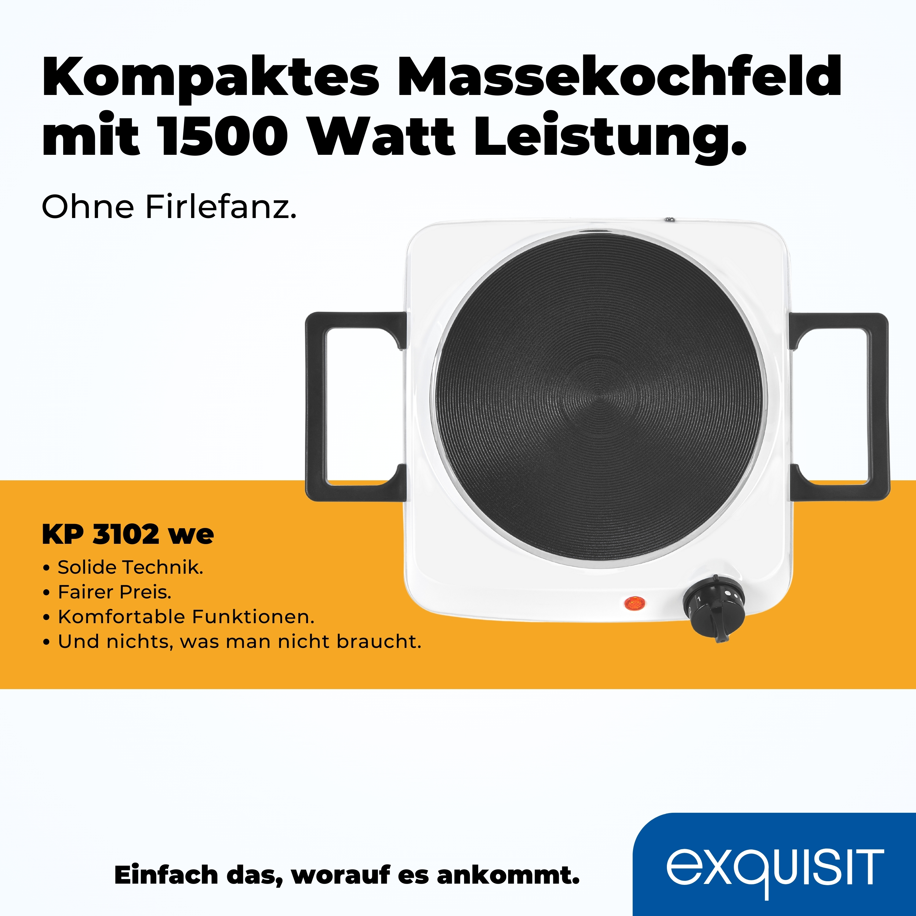 Weißes und schwarzes Kochfeld mit Griffen und einem Bedienknopf. Text: Kompaktes Kochfeld mit 1500 Watt.