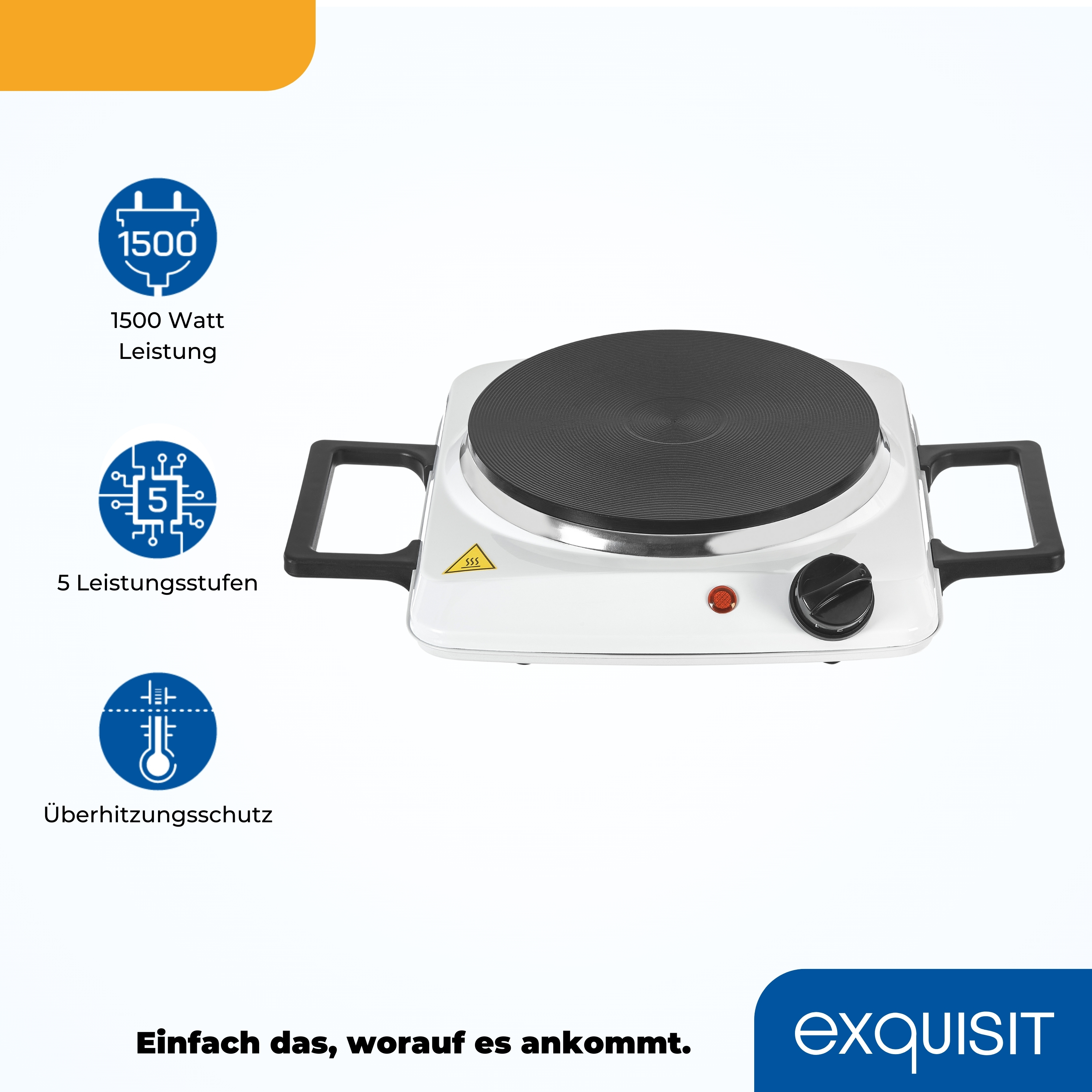 Nahaufnahme eines weißen Elektroherds mit schwarzer Kochplatte und Drehknopf.